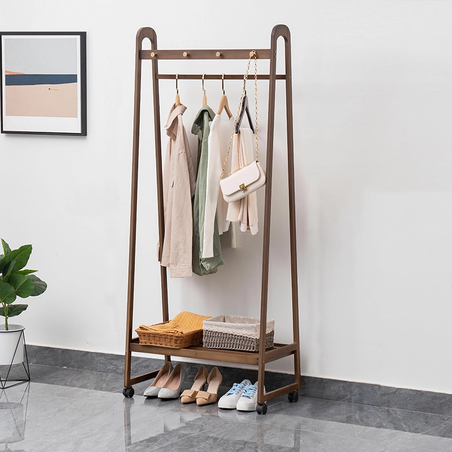 Bamboo Clothes Rack, Garment Rack Rolling Coat Rack Multifunctional Bedroom Hanging Rack
