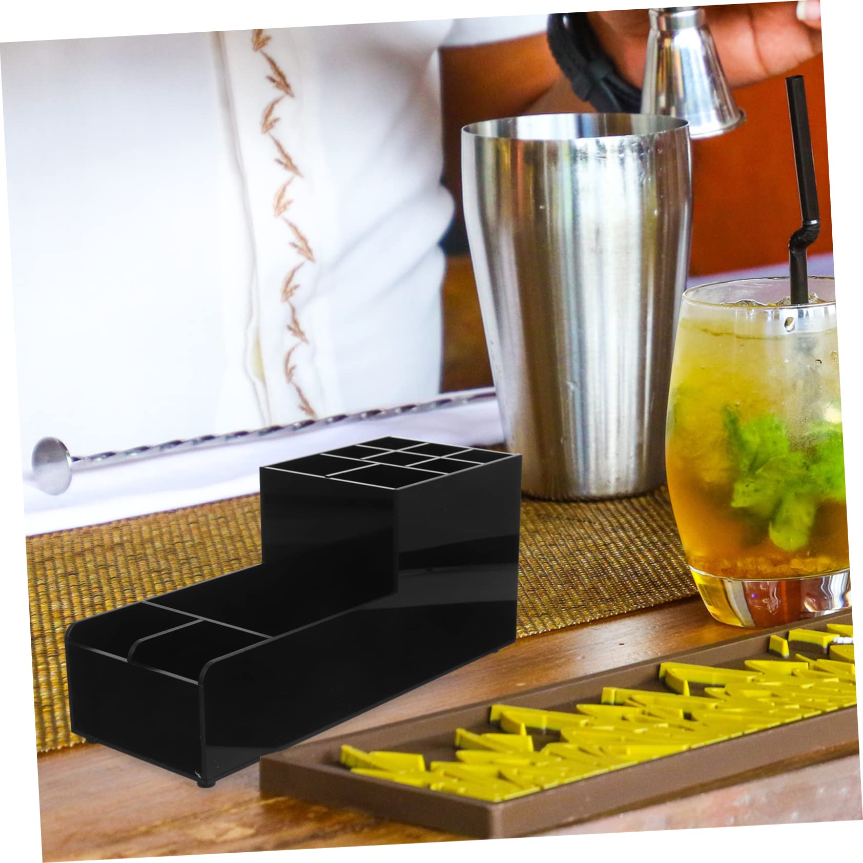 Organizador de Herramientas de Bar Acrílico Negro con 11 Compartimentos | Diseño Dividido que Ahorra Espacio, para Barra y Estación de Café de Oficina