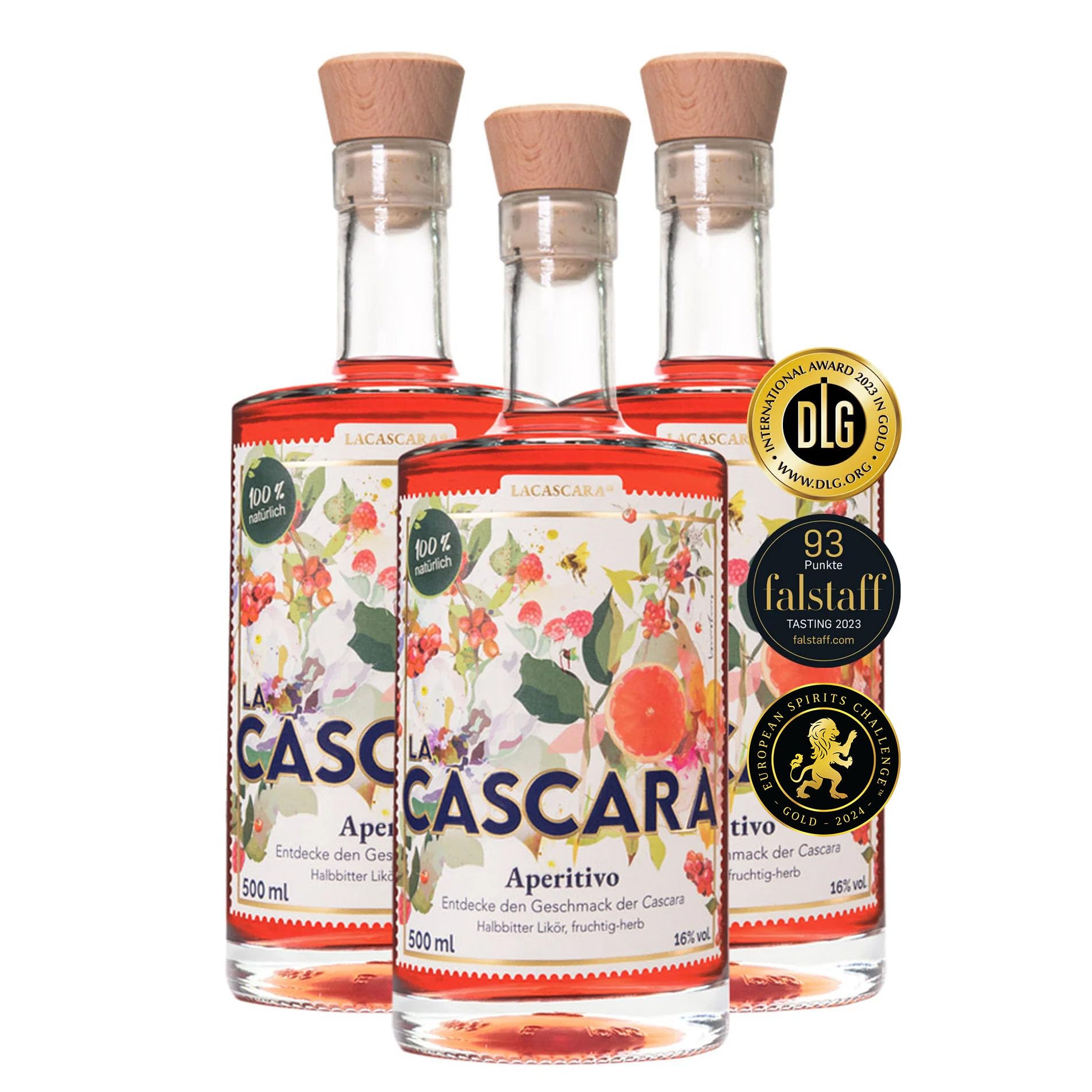 3x LACASCARA® Aperitivo - Aperitif ohne künstliche Zusatzstoffe - Cascara Spritz - Likör, 16% vol. (bekannt aus "Die Höhle der Löwen"), 3x 500ml
