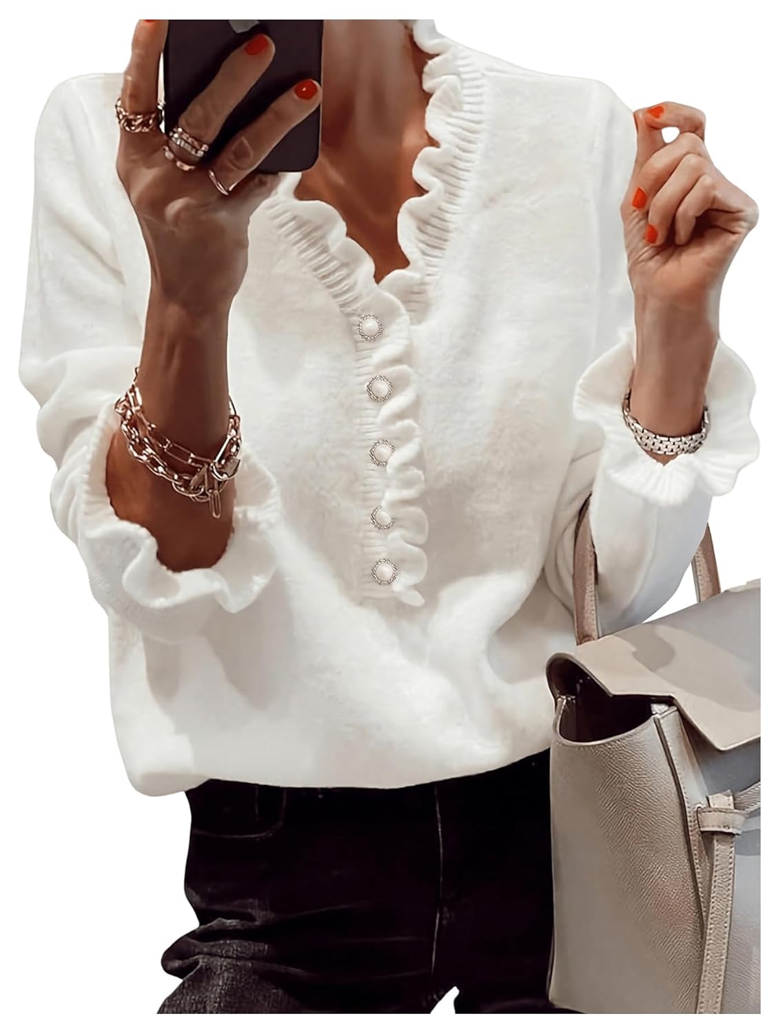 MakeMeChic Womens Long Sleeve Ruffle Sweaters V Neck Lightweight Knitted Pullover Sweater Tops