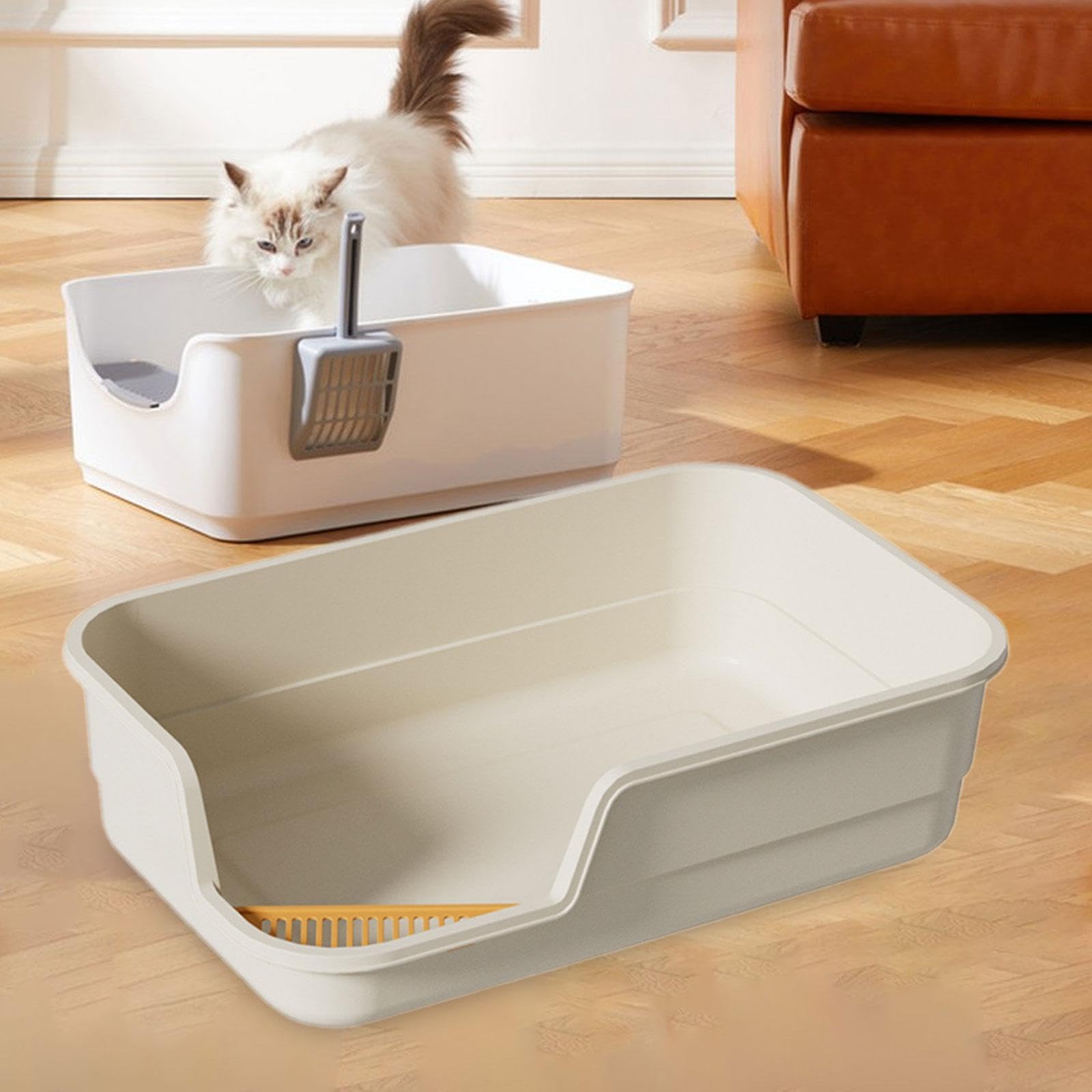 Bandeja de Arena para Gatos con Tapa Abierta, Inodoro para Gatos, Arenero de Gran Tamaño con Laterales Altos, Contenedor de Arena Pa, Blanco