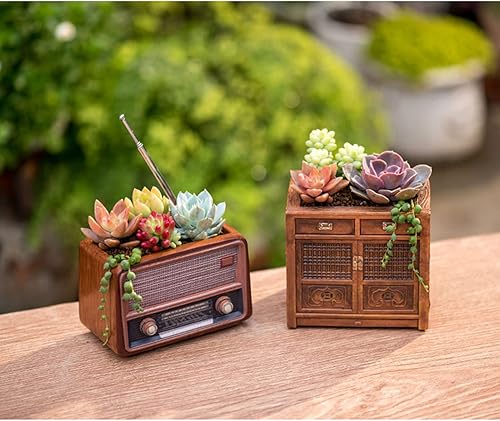 Miniatura 2 de Macetas de madera, mini maceta, maceta retro de resina para suculentas, bonsái, soporte de escritorio, mini adorno (caoba radio)
