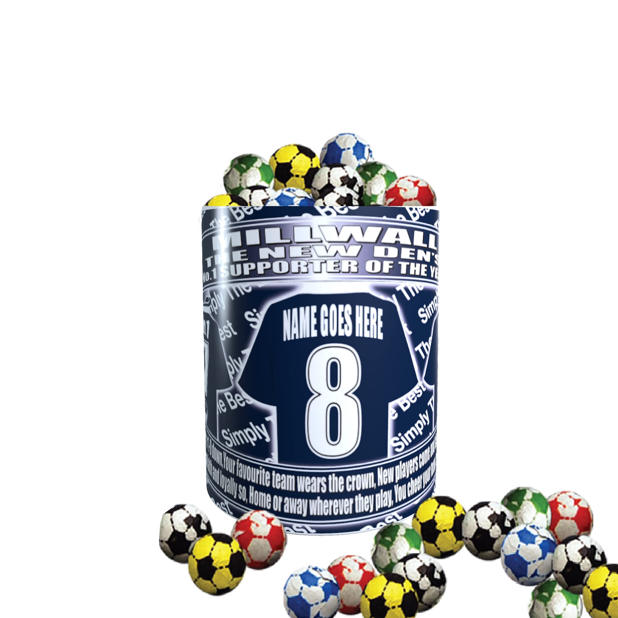 Generic Millwall Football Team Shirt Personalised Gift Mug with Chocolate Footballs