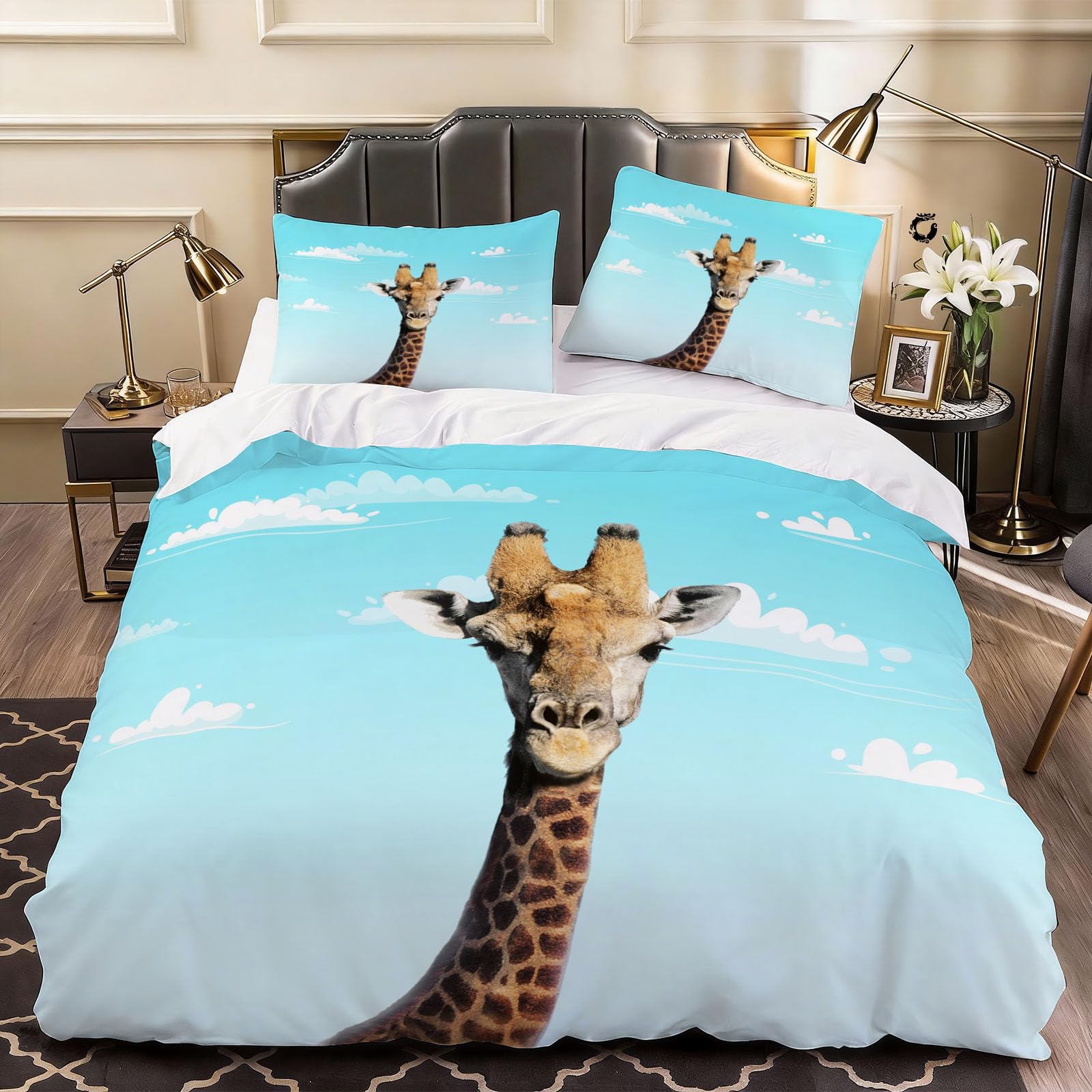 3D Giraffe Duvet Cover Sky Bedding Double Bed Set, Soft Microfiber Comforter Cover Printed with Zipper Closure Quilt Coverr 200x200 cm and 2 Pillowcases