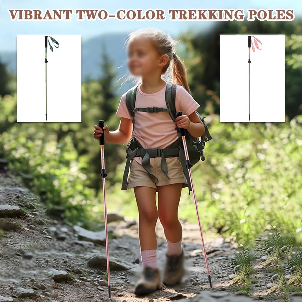 Cute Cartoon Trekking Poles, 3-Section Telescopic Climbing Equipment, Durable Aluminum Alloy Walking Stick, for Boys/Girls(Pink Color)