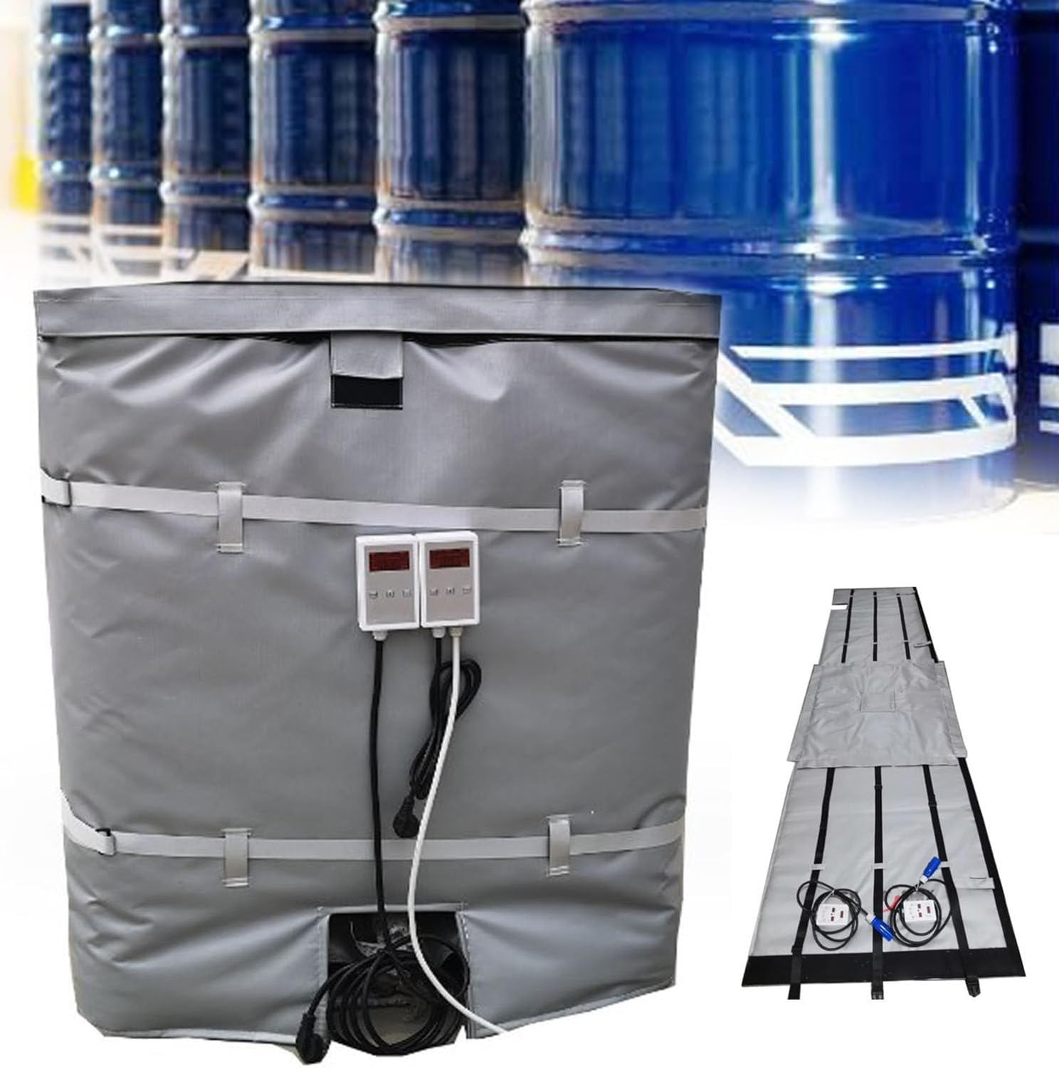 YNBSHGAA Thermal Blanket for IBC Plastic Tanks, Heater Pad Drum, Insulated Drum Heating Blanket, 2300W/4000W Barrel Heater, 110V/220V, Grey-55Gallon/200L,Grey-275Gallon/1000L