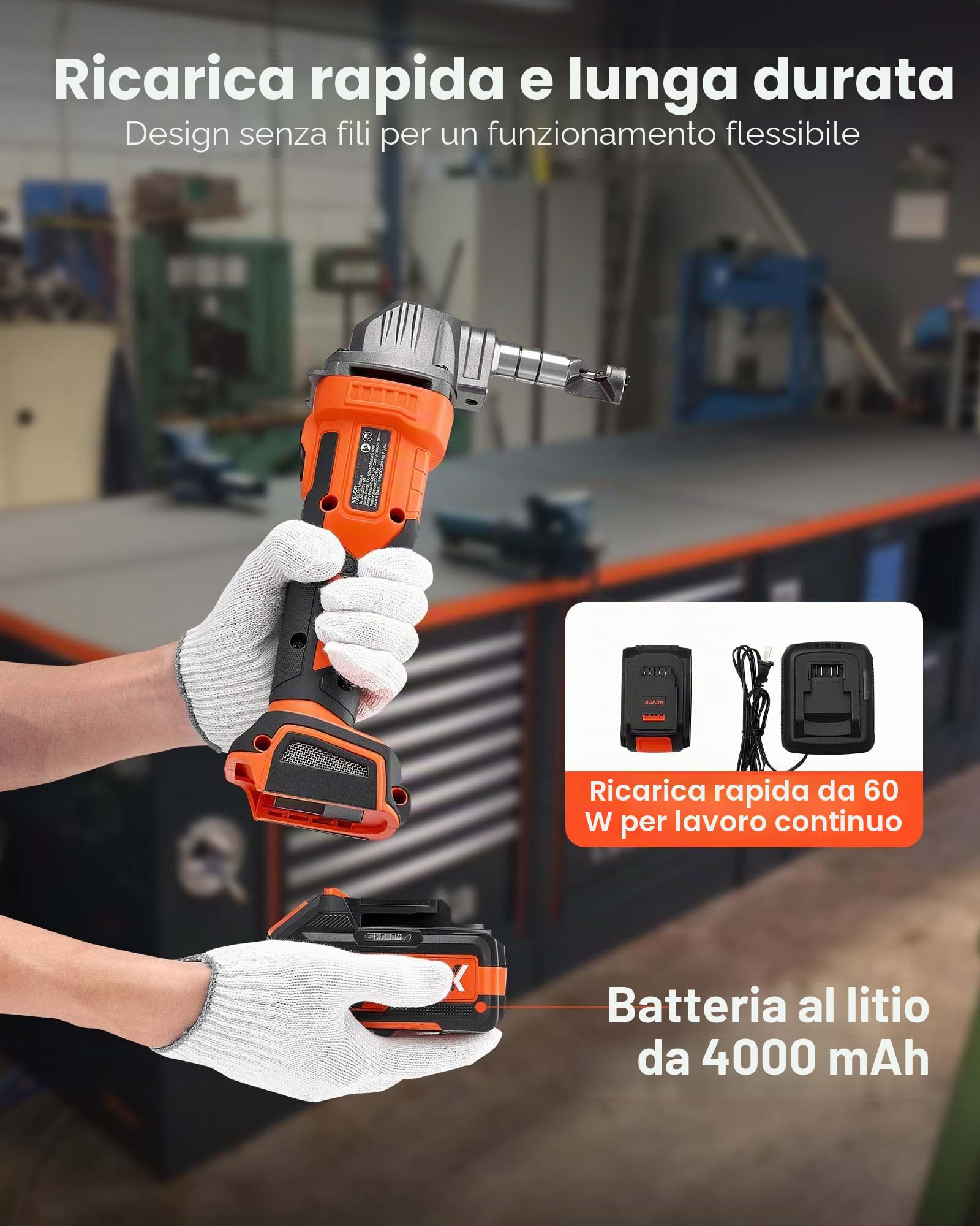 VEVOR Roditrice per Lamiere Senza Fili con Batteria da 20 V 4000 mAh, Motore Brushless da 2200 giri/min, Taglierina Elettrica per Lamiere con Custodia in Plastica per Taglio di Acciaio Alluminio
