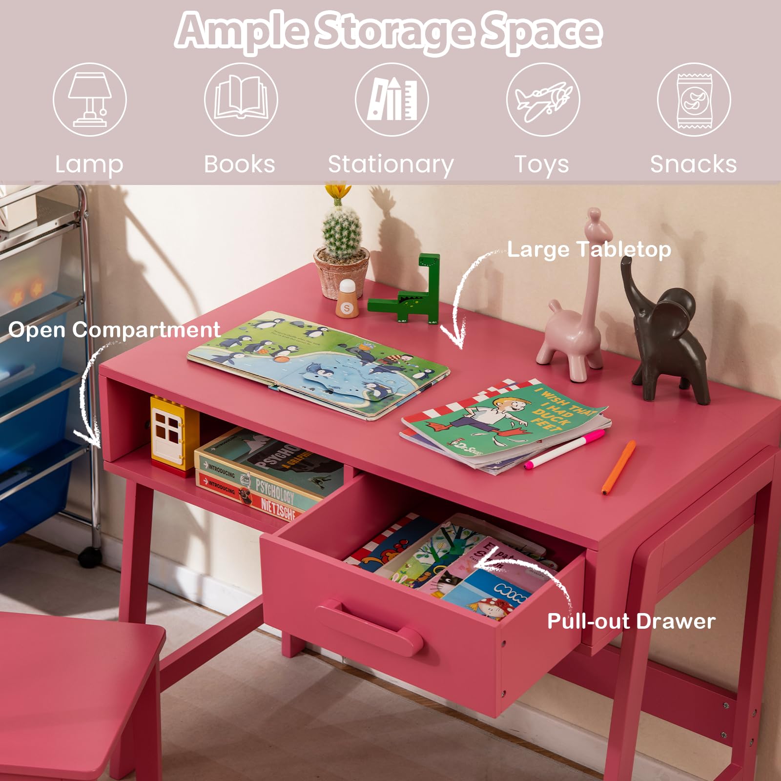 LIFEZEAL Juego de sillas de Escritorio para niños, Escritorio de Madera con cajones y Estante, Grupo de Asientos Infantiles para el hogar y la Escuela, Escritorio de Estudiantes (Rosa)