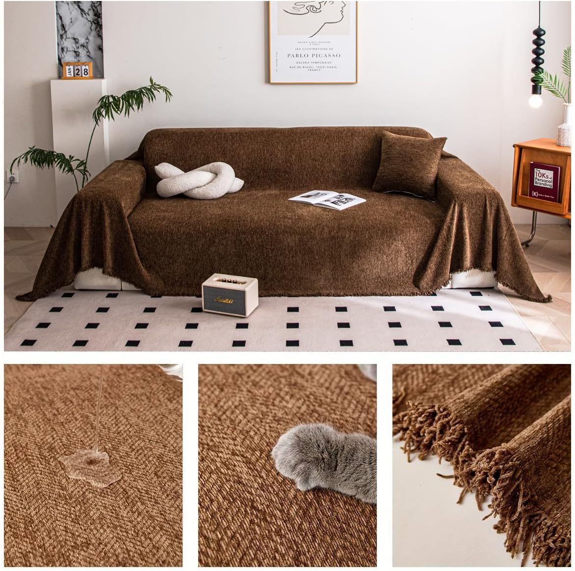 Large Waterproof Chocolate Brown Sofa Throw Blanket Soft Herringbone Chenille with Tassels 180x420 cm Perfect for 1 4 Seater Couch Settees & Chairs