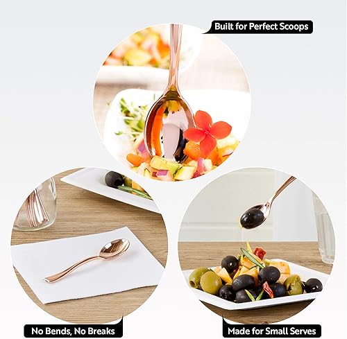 Vista 3 de Restaurantware Mini cucharas desechables de 4 pulgadas, 100 cucharas pequeñas desechables, par de alta resistencia con aperitivos o postres, Oro rosa