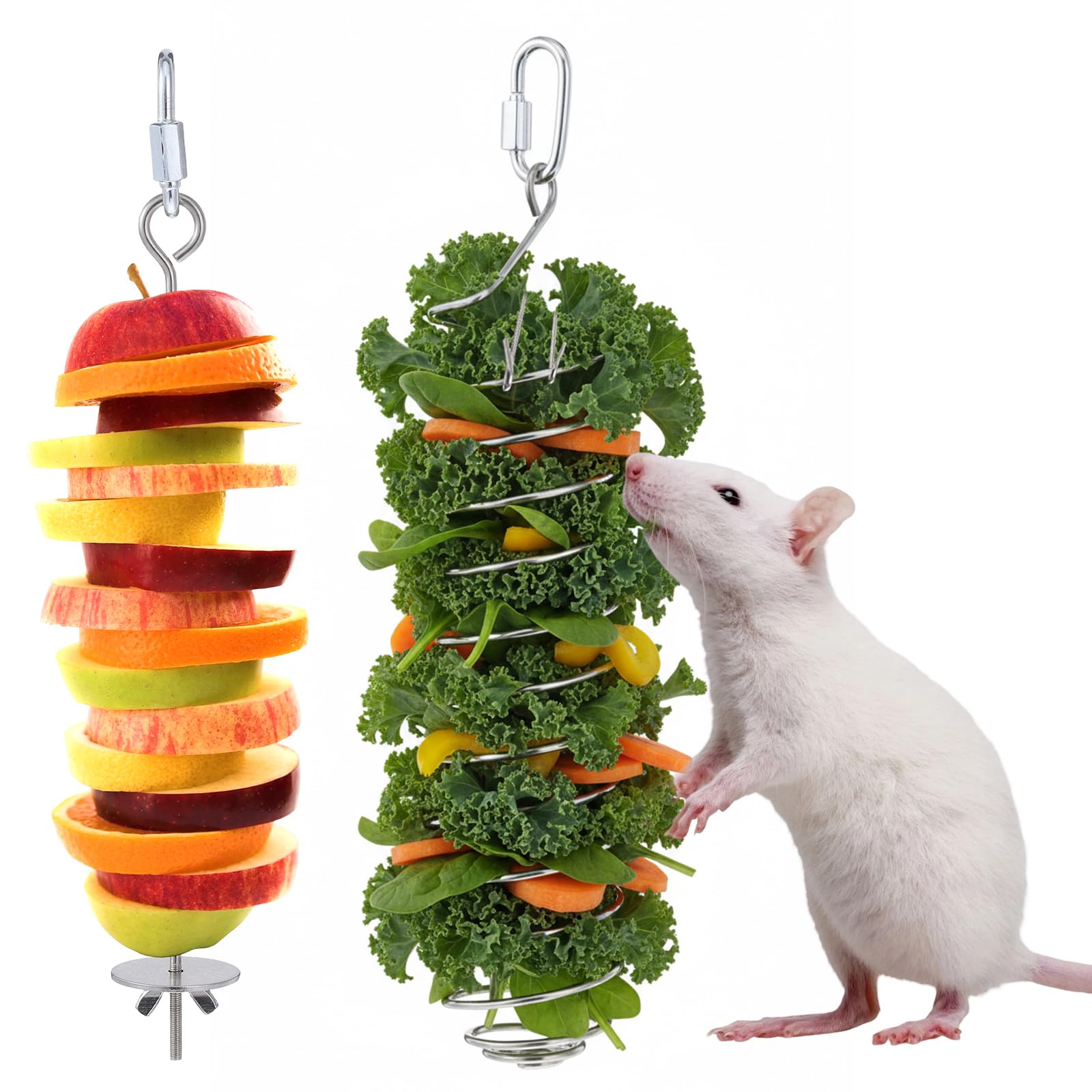 2 PCS Bird Cage Food Holder, Rat Enrichment Toys, 304 Stainless Steel Rat Foraging Toy for Fruit Vegetable Holder, Hanging Rodent Toys Slow Feeder, Bird Cage Feeder Foraging Toy for Parakeet