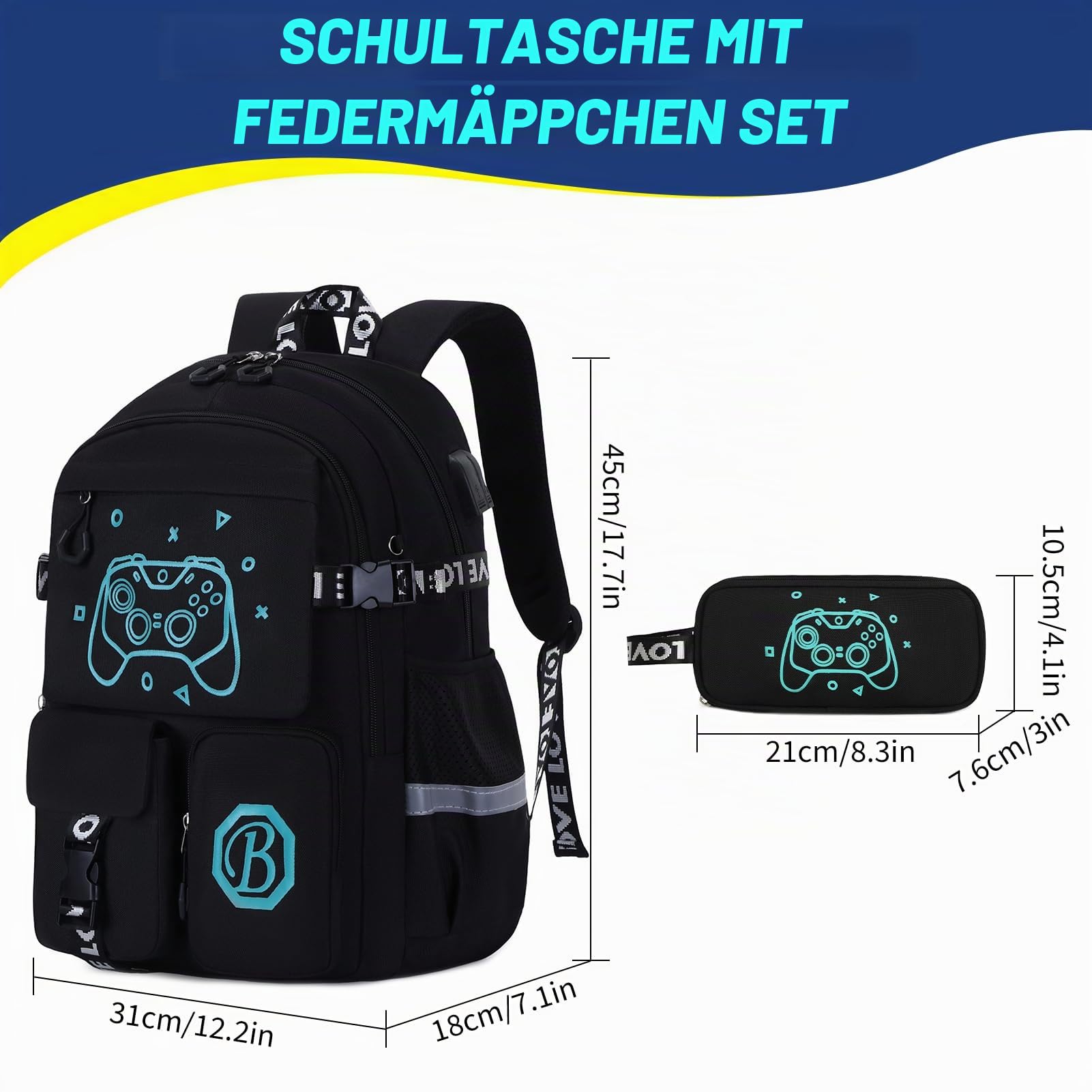 2-teiliges Set Schulrucksack Teenager mit Federmäppchen, Schulranzen für Jungen 3.-9. Klasse, Glow in the Dark Game Console Print, Wasserdicht Rucksack Kinder