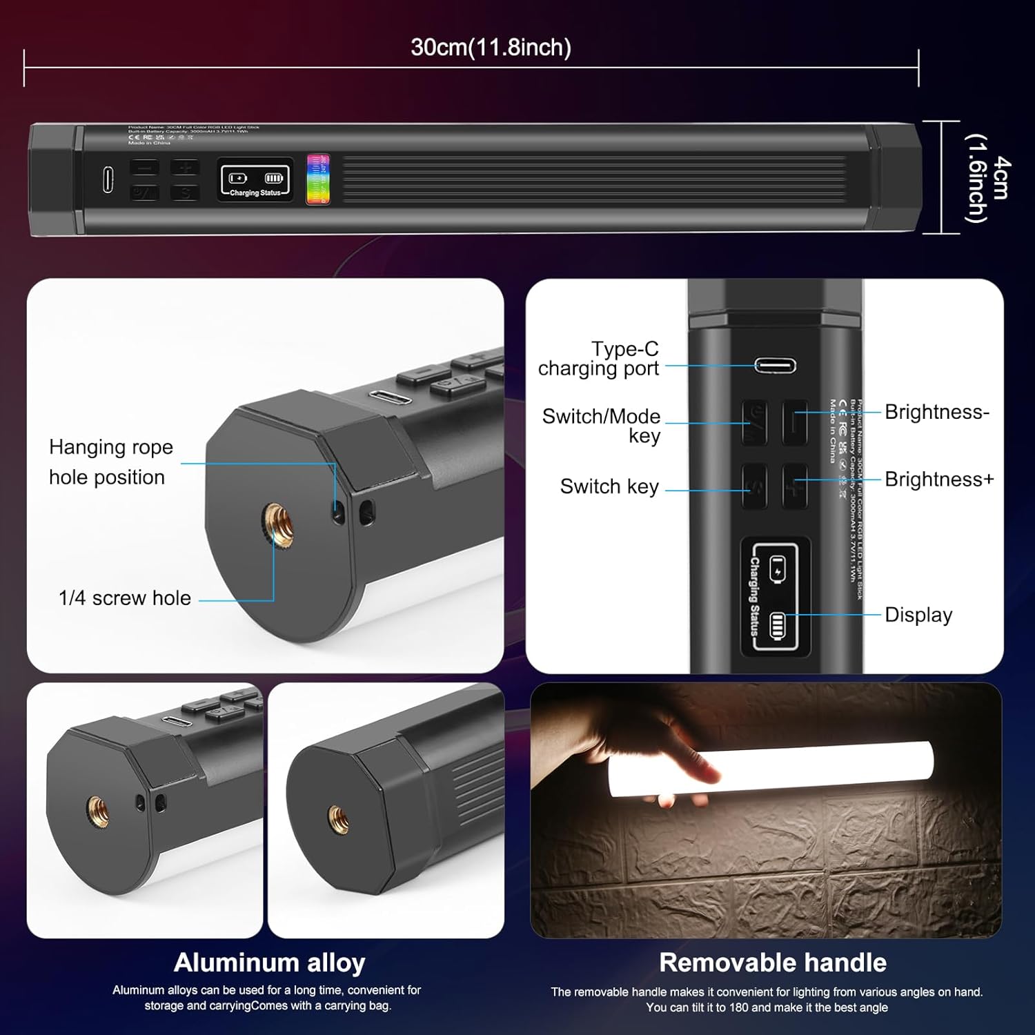 Detailed view of the PULUZ Light Wand showing dimensions, controls, and mounting points