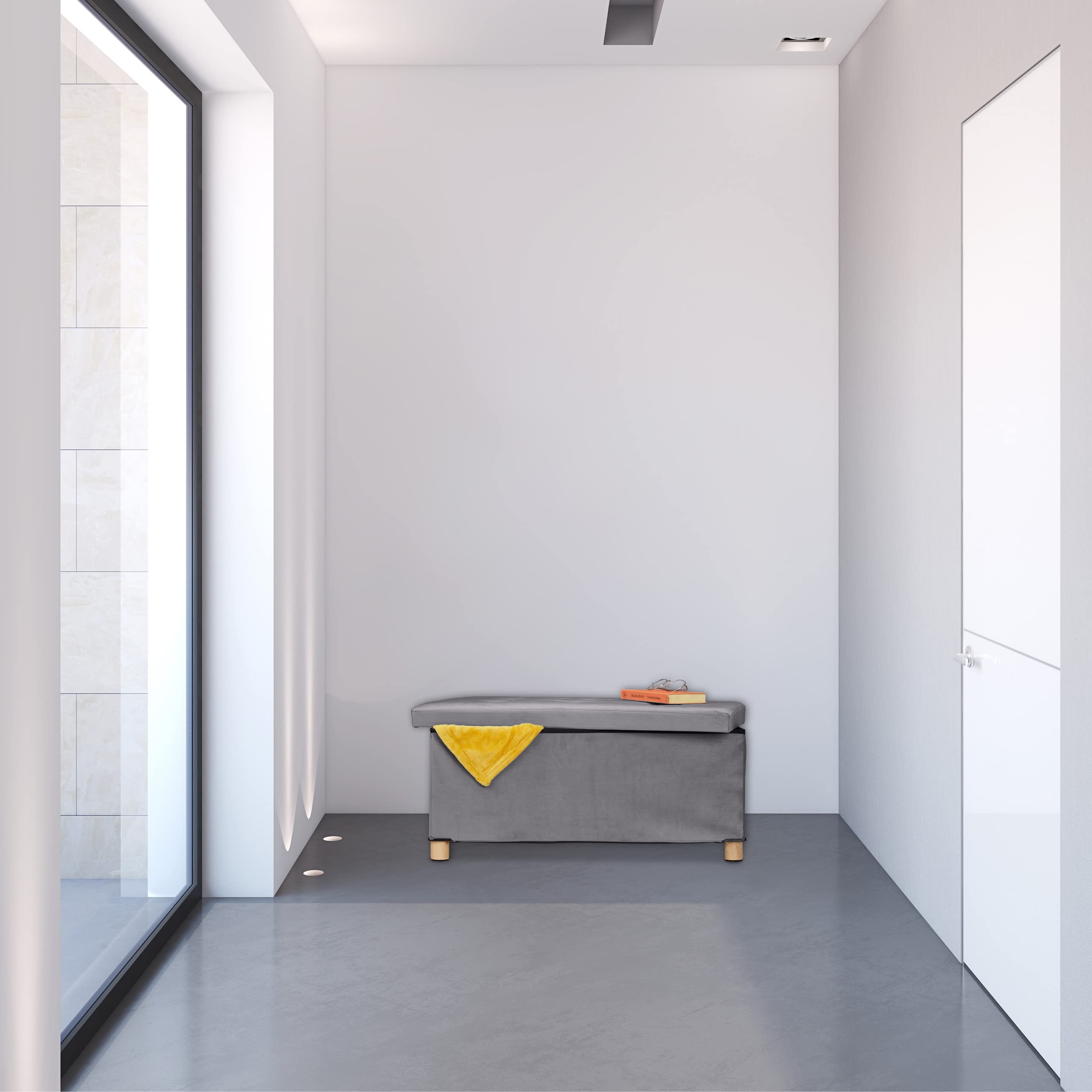Relaxdays Banco Almacenaje, Acolchado, Terciopelo, Patas Madera, hasta 120 kg, Plegable, 34 x 76 x 38 cm, Gris Oscuro