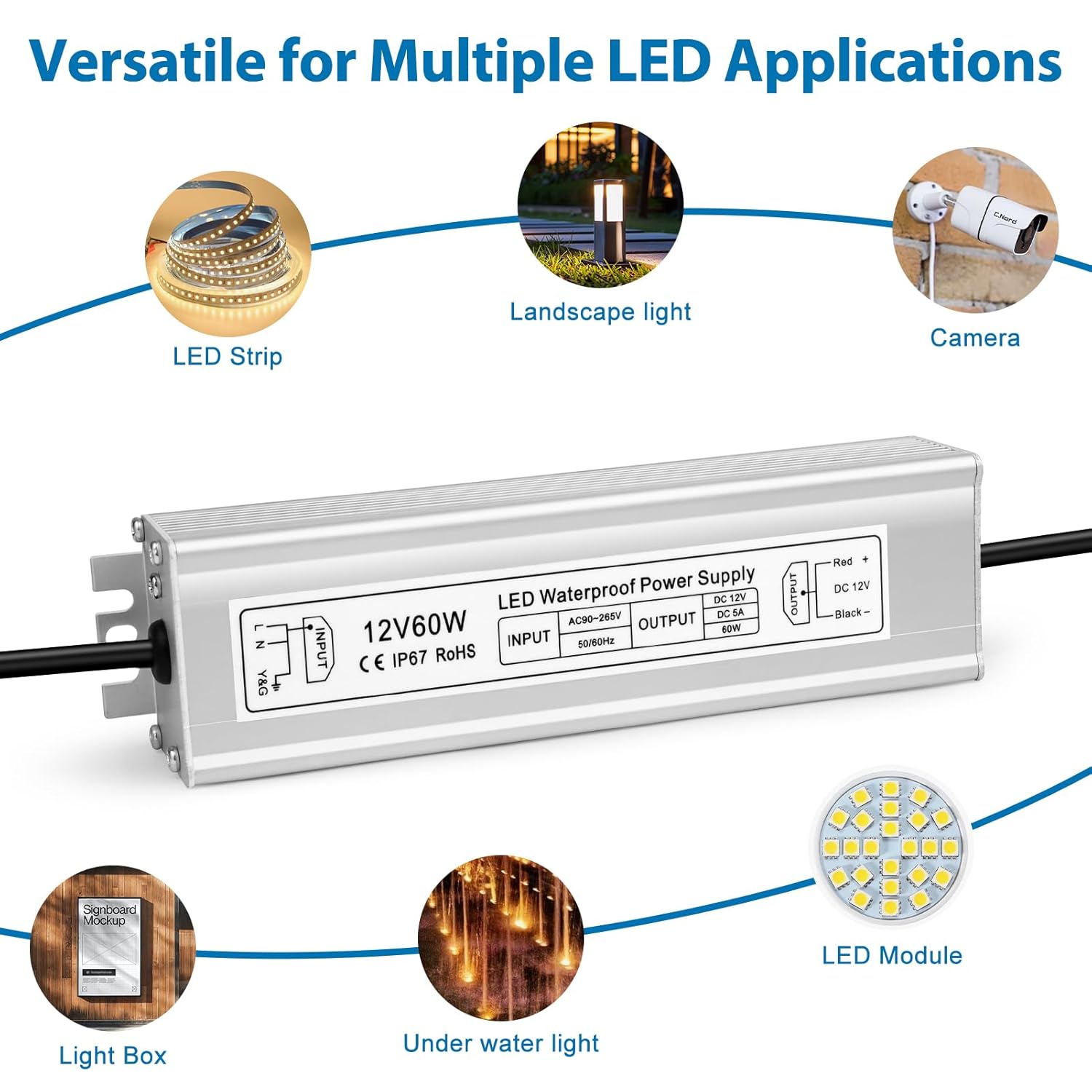 12V 60W LED Power Supply, IP67 Waterproof LED Driver, Low Voltage Transformer, AC 90-265V to DC 12V 5A Converter with 3-Prong Plug 3.3 Ft Cable for Outdoor LED Light, Landscape Light, Industrial