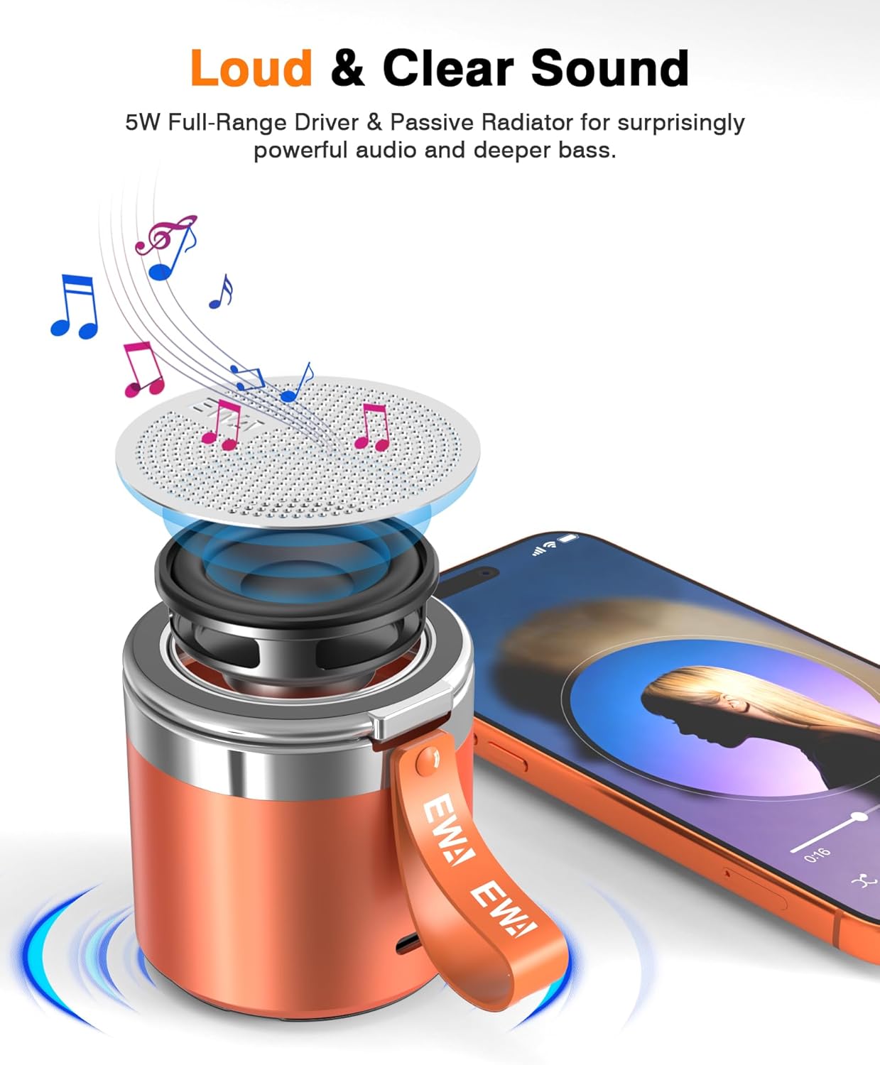 EWA Wireless Bluetooth Speaker with Secure Magnetic Phone Stand, HD Surround Sound & Anti-Slip Base | Hands-Free Magnetic Holder for Desk, Kitchen, Home Workout - Gift Ideal for Men Women (Orange)