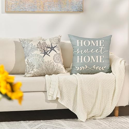Miniatura 5 de AVOIN colorlife Summer Take Me to The Beach - Juego de 4 fundas de almohada de 18 x 18 pulgadas, diseño de estrella de mar coral con lema azul para