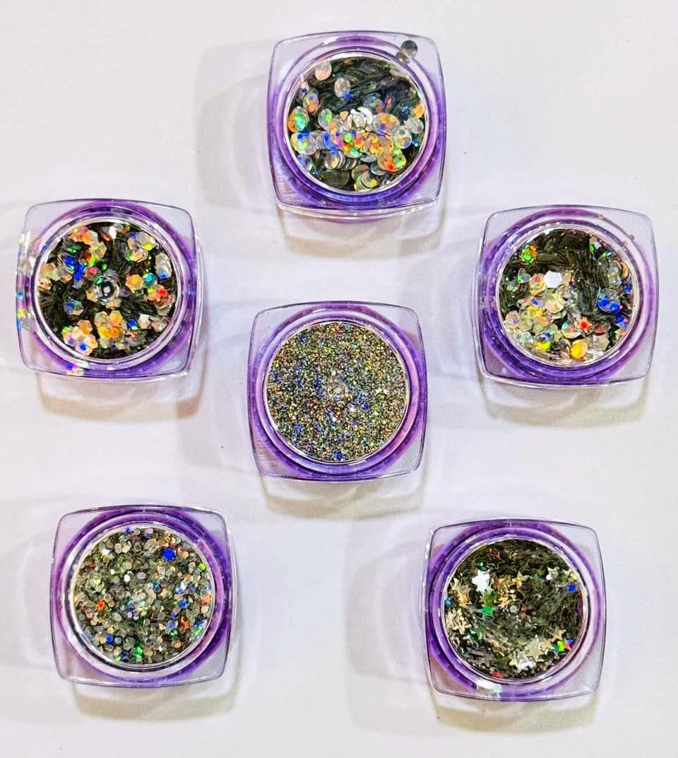 Mahir Galaxy Silver HOLOGRAPHICS Chunky 6 Shade in JAR (3 GM Each) for Nail Art & Makeup & Art and Craft.-image-29
