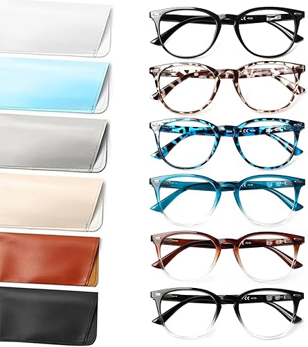 Henotin Paquete de 6 lentes de lectura para mujeres y hombres, bloqueo de luz azul, elegantes lectores de computadora con funda de cuero Henotin Paquete de 6 lentes de lectura para mujeres y hombres, bloqueo de luz azul, elegantes lectores de computadora con funda de cuero