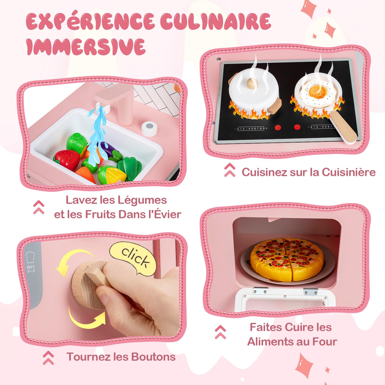 COSTWAY Cuisine Enfant en Bois avec Effet Sonore & 7 Accessoires, Jeu de Cuisine Rose avec Micro-Ondes & Évier & Robinet, Armoire, Étagère, Jeu d'Imitation pour Enfants de 3 Ans+