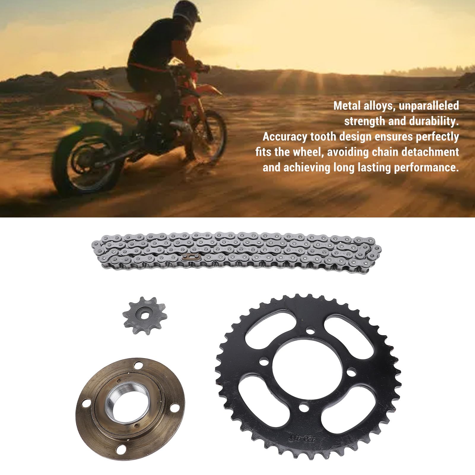 420-Zahnrad- und Kettenset, 10-Zähne-Vorderrad, 41-Zähne-Hinterrad mit 76-Glieder-Kette und zahnlosem Freilauf, Antriebssatz aus Stahllegierung für Mini-Motorrad, ATV, Go-Kart und