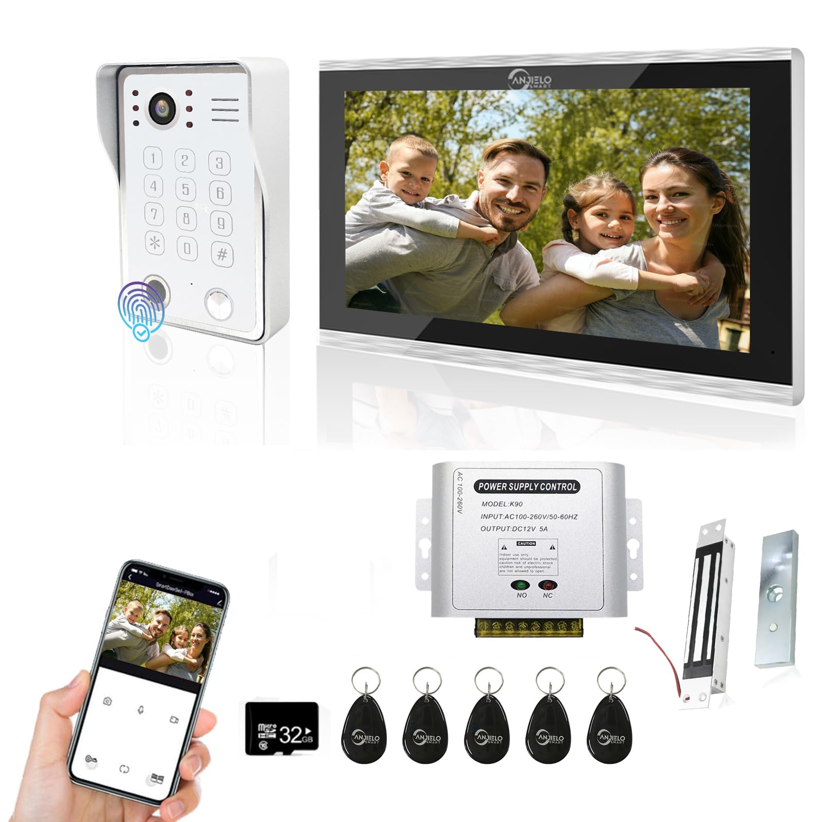 ANJIELO SMART Videocitofono, monitor touch da 10 pollici con sistema di campanello cablato 1080P, supporta impronte digitali, scheda RFID, password, con blocco elettromagnetico, uso con app TUYA,