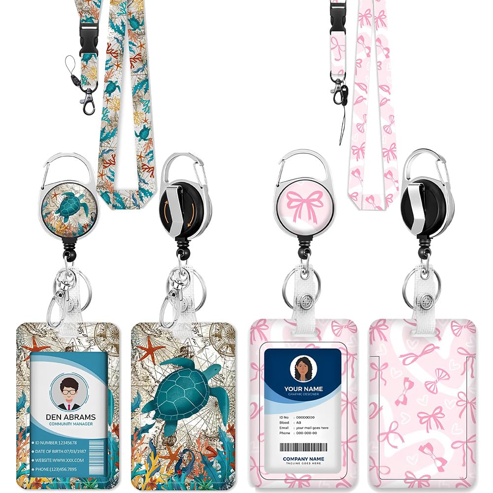 2 Pack Fashionable Sliding Badge Holder, Bowknot Pattern Plastic Card Holder, Sea Turtle Lanyards with Card Holder,with Retractable Badge Reel, Vertical Card Protector for Office Worker, Teacher