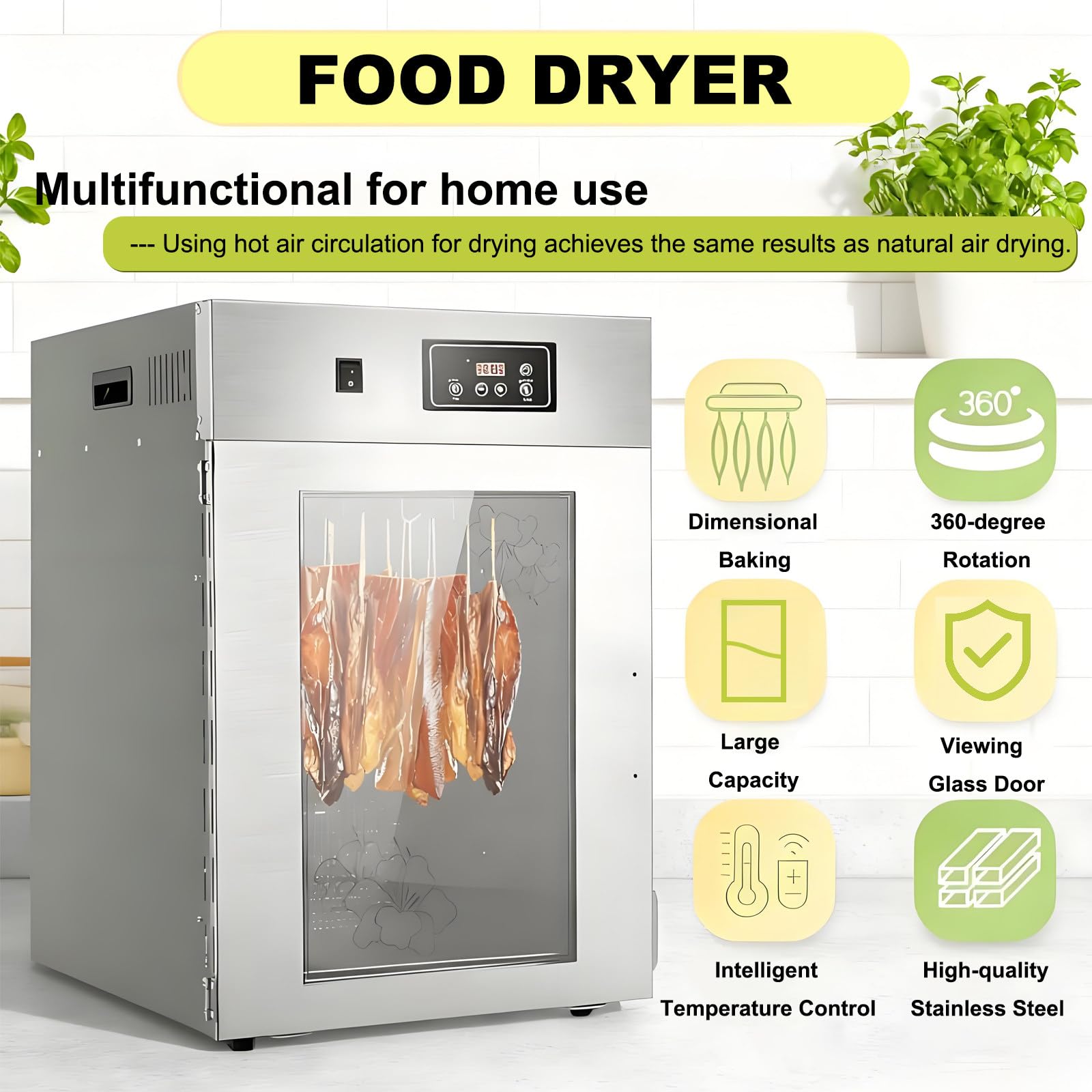 Dehydrator Edelstahl 1000W, 30L Lebensmittel Dehydrator Trockenschrank für Fleisch, Dry Aged Reifeschrank mit 14 Haken, 30-90°C Timer 24H für Beef Jerky, Wurst, Fisch, Obst 110V-15L