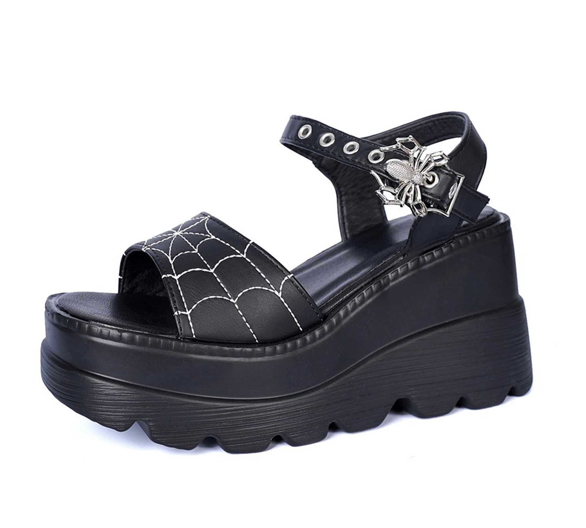 Gothniero women black platform sandals goth chunky wedge heel summer sandals girls gothic punk platform sandals for women metallic spider buckles