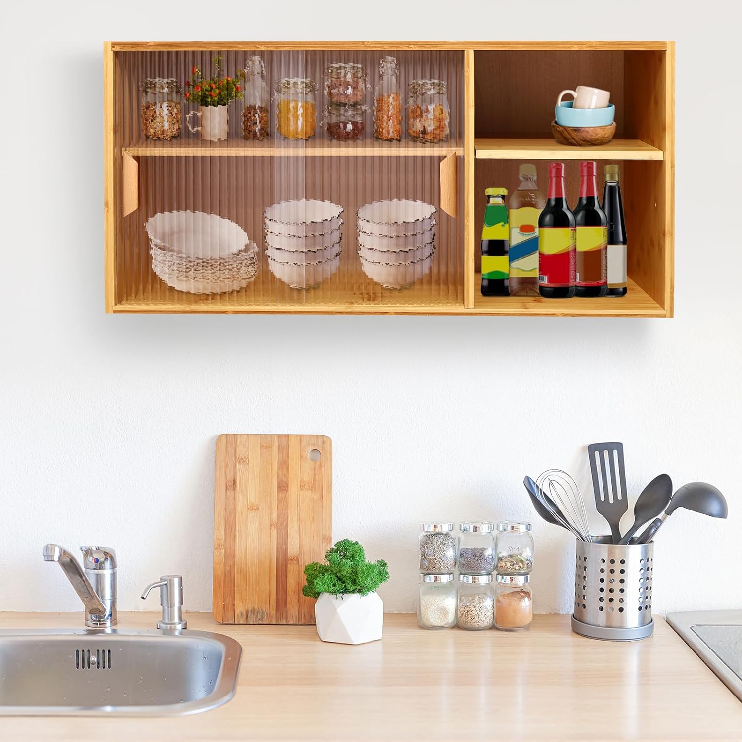 TFCFL 2-Tier Bamboo Kitchen Cabinet with Tempered Glass Doors, Small Countertop Cabinet for Storing Kitchen Utensils Such as Dinner Plates, Bowls, Spices, Plates, Cups (Log Color)