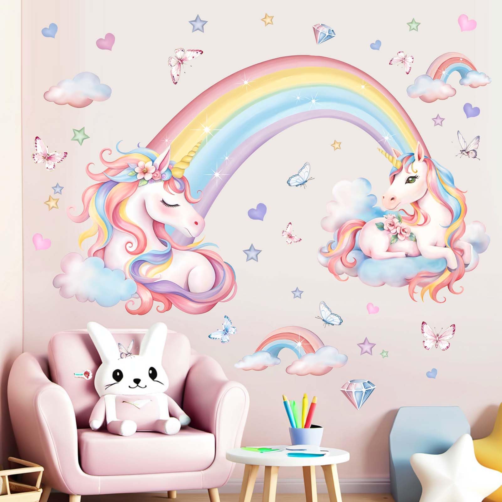 Unicorn Wall Stickers for Girls Bedroom: Peel and Stick Rainbow Unicornio Cloud Wall Decals - Kids Baby Room Nursery Daycare - Image 2