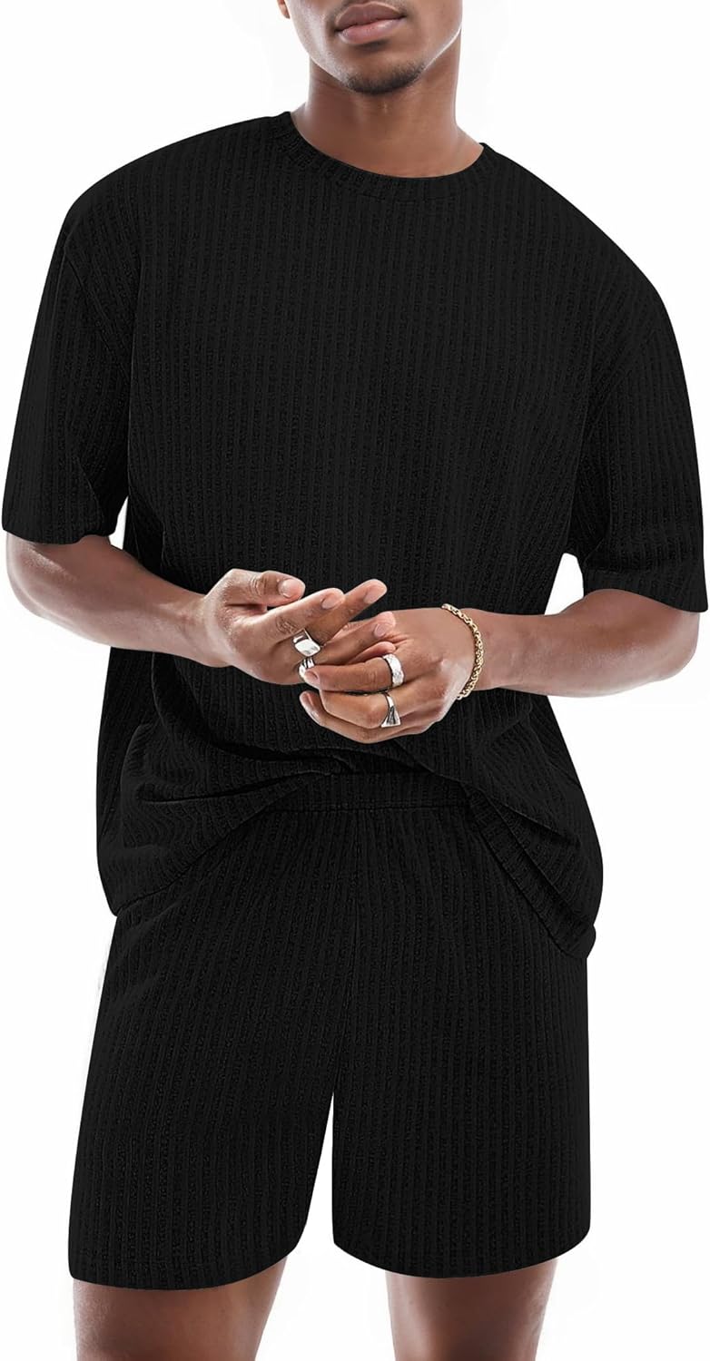 Ekouaer Mens Lounge Set Ribbed Knit Pajamas Set 2 Piece Short Set Outfits Sweatsuit Summer Soft Sleepwear Loungewear - Image 2