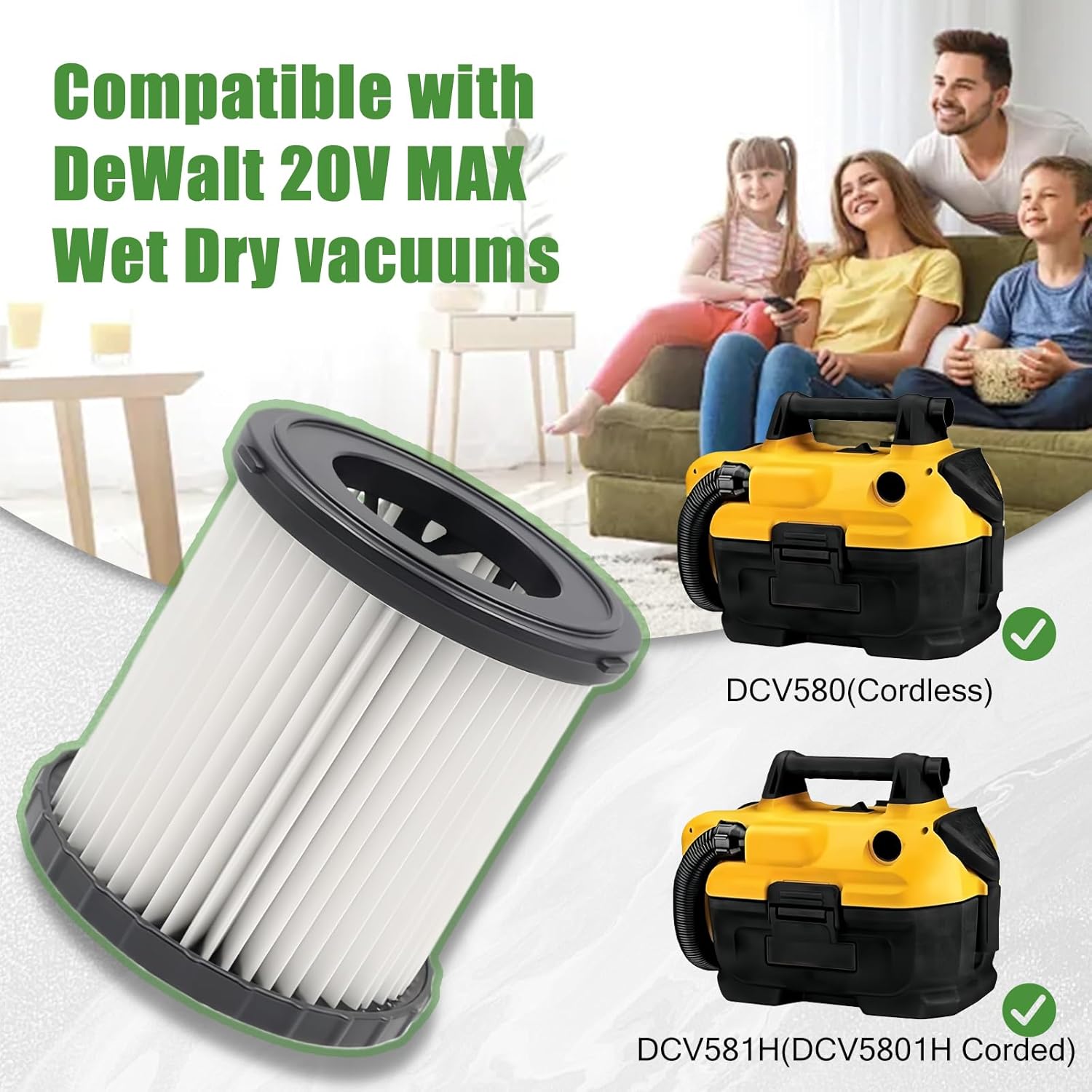 2 Pack DCV5801H Replacement Filter For DEWALT DCV580H, DCV581H 20V MAX Wet Dry Vacuum, with 4 Foam Sleeve Filters & 1 Brush, Washable and Reusable