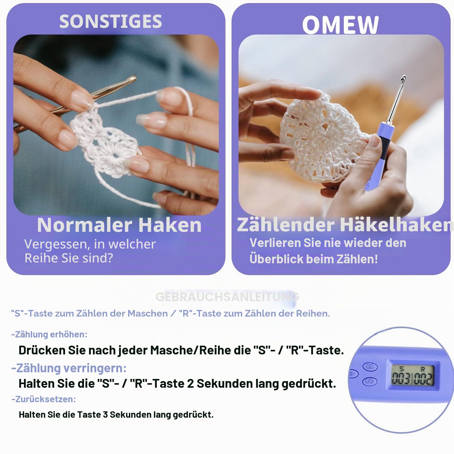 BZVV Zählen Häkelnadel Set Digital, Leuchtende Häkelnadeln für Stich & Reihenzähler, Häkelset mit 18 verschiedenen Größen Austauschbare Häkelnadel, Ergonomische Häkelnadeln mit 2 Stufen LED