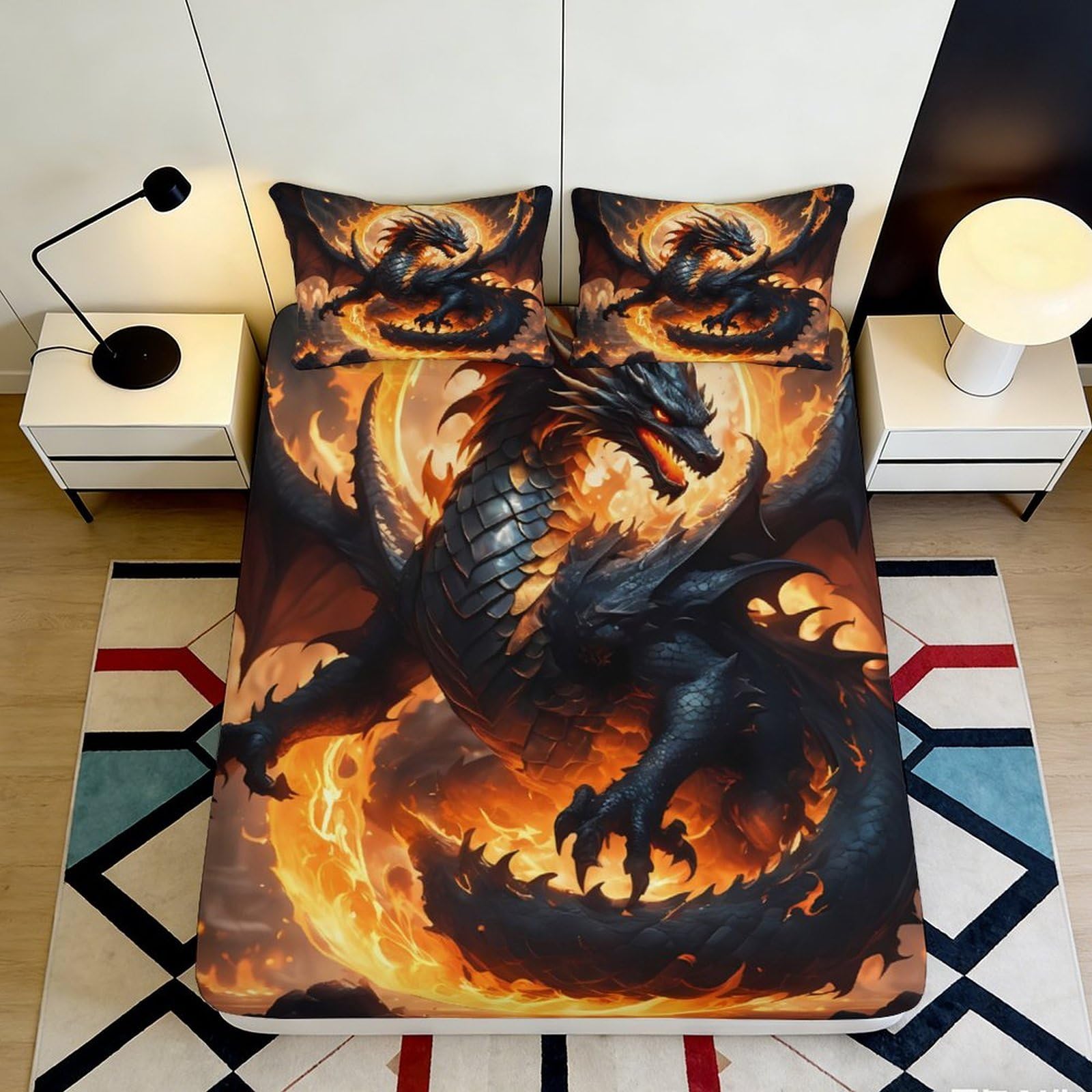 3D Printed Fire Dragon Fitted Sheet Microfiber Soft Black Orange Fantasy Mattress Cover for Bedroom Dorm Decor 160x200x25cm