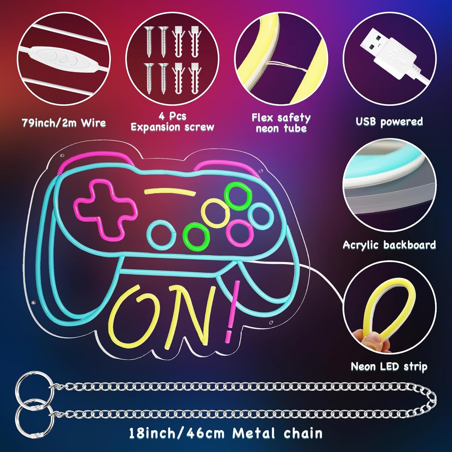 Gamer Neon Sign for Boys Gaming Room Bedroom Wall Decor, Gifts for Teen Kids, Video Game LED Light for Men, Gamepad Shaped Dimmable USB Powered Neon Lamp Game Room Accessories (16 X 12.5 inches) - Image 4