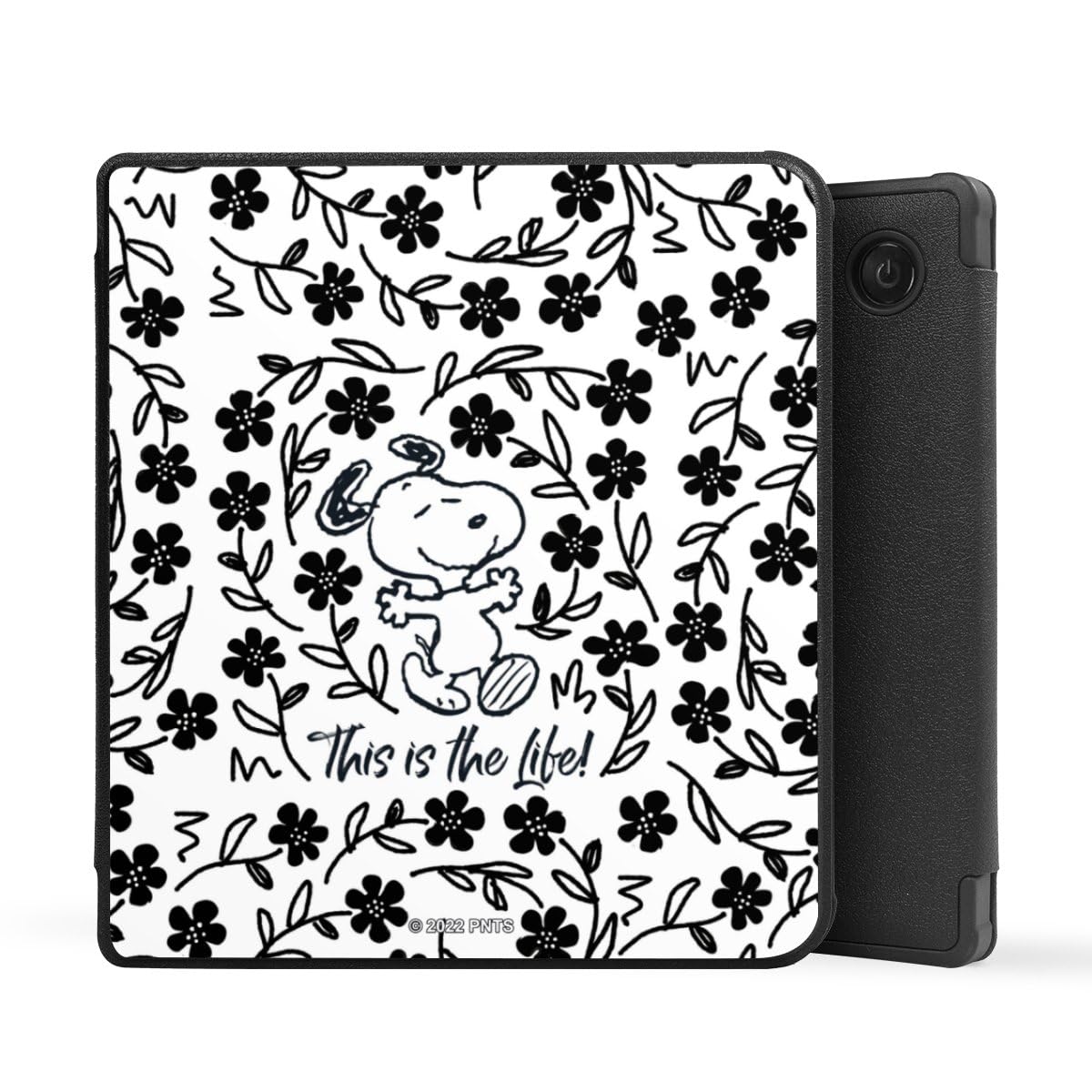 Schutzhülle schwarz kompatibel mit tolino Vision 6 E-Reader Kunstleder Case Hülle Peanuts Blumen Snoopy