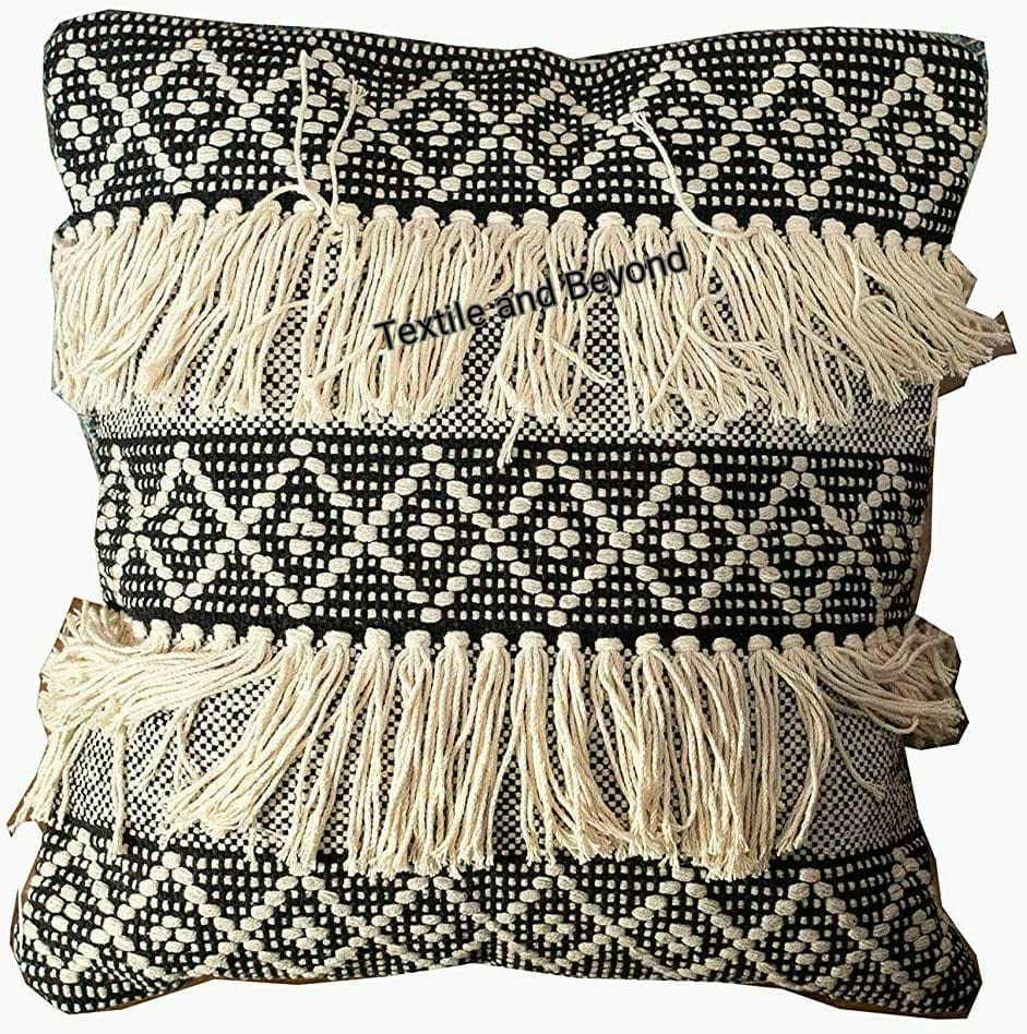 Image of Cushion - Boho Handloom Cotton Cushion Covers - Set of 3, Square Decorative Pillow Cases Sofa, Couch, Chair, Kitchen, Bedroom, Room, Office, 16x16 Inches, Premium