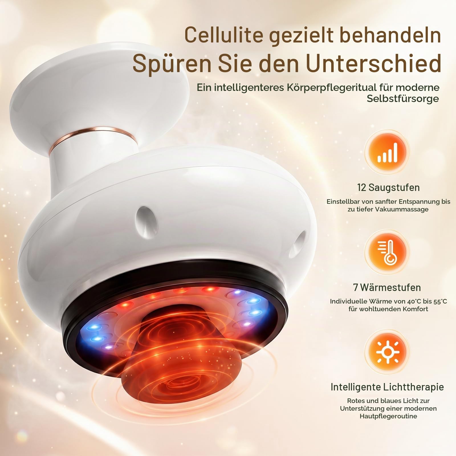 BEE&FLOWER Massage 4-in-1 Massagegerät gegen Cellulite - Schröpfgerät Elektrisch mit Saugstufen & Wärme, Anti-Cellulite & Straffung, Tragbar & USB-C Aufladung für Bauch Taille Arme Beine