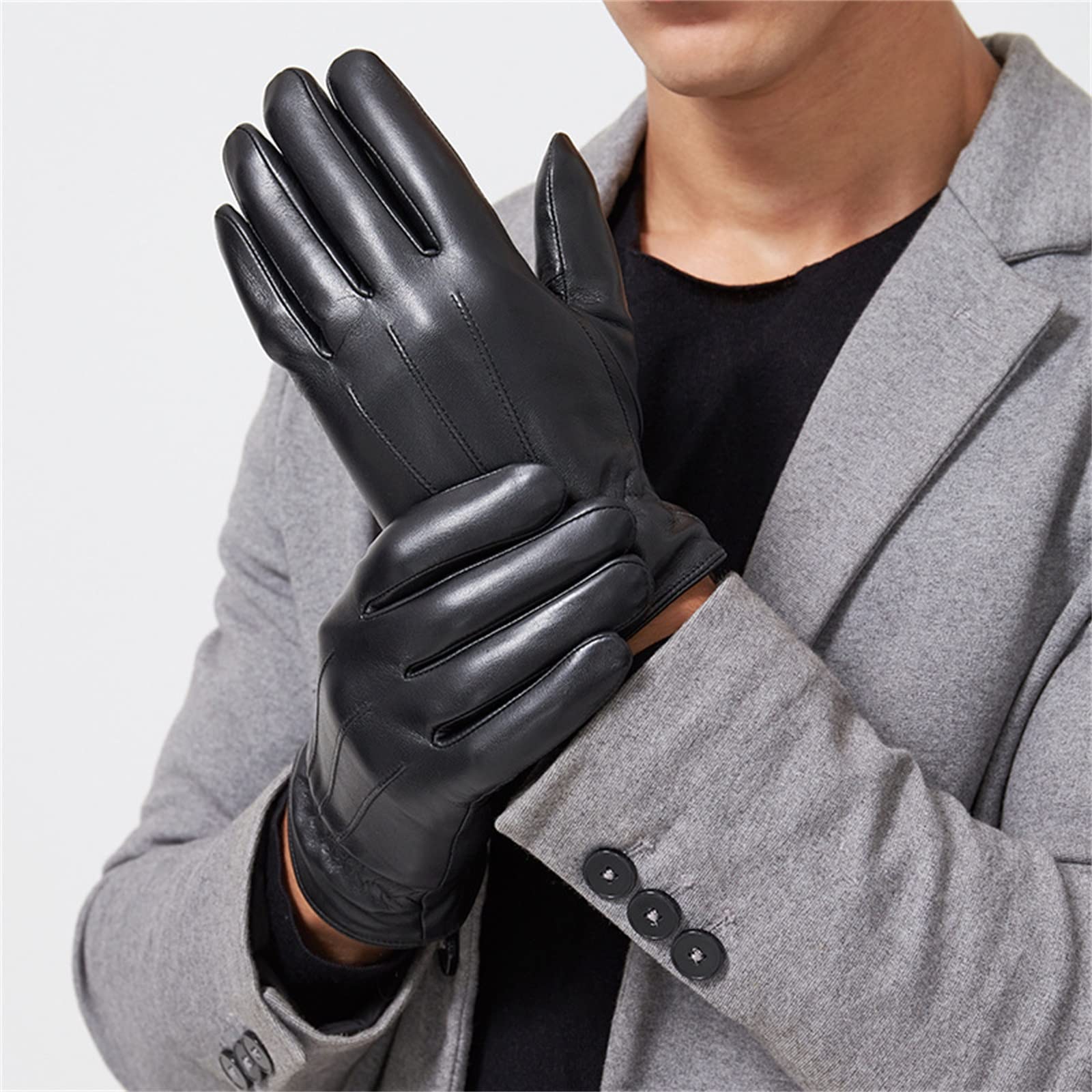 Guanti in Pelle da Uomo Guanti Touch Screen in Pelle, Guanti da Guida da Uomo con Isolamento in Peluche Invernale Guanti Invernali (Color : Black, Size : L)