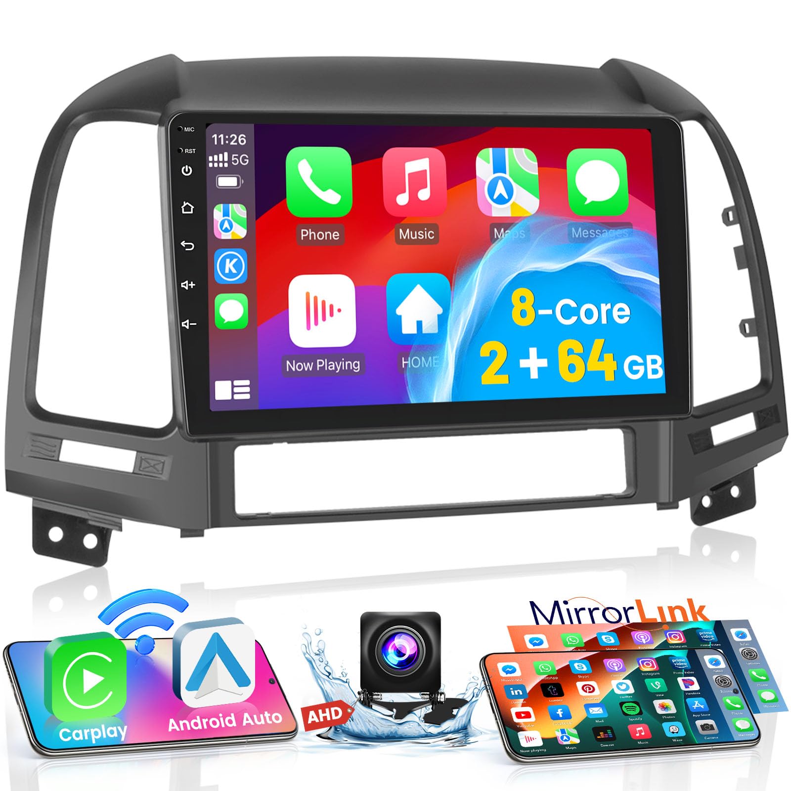 Fuluku【for Hyundai Santa Fe 2006-2012】 Android 2+64GB 9'' HD Touch Screen Car Radio with Wireless Carplay, Android Auto, GPS, WiFi, Bluetooth, SWC,