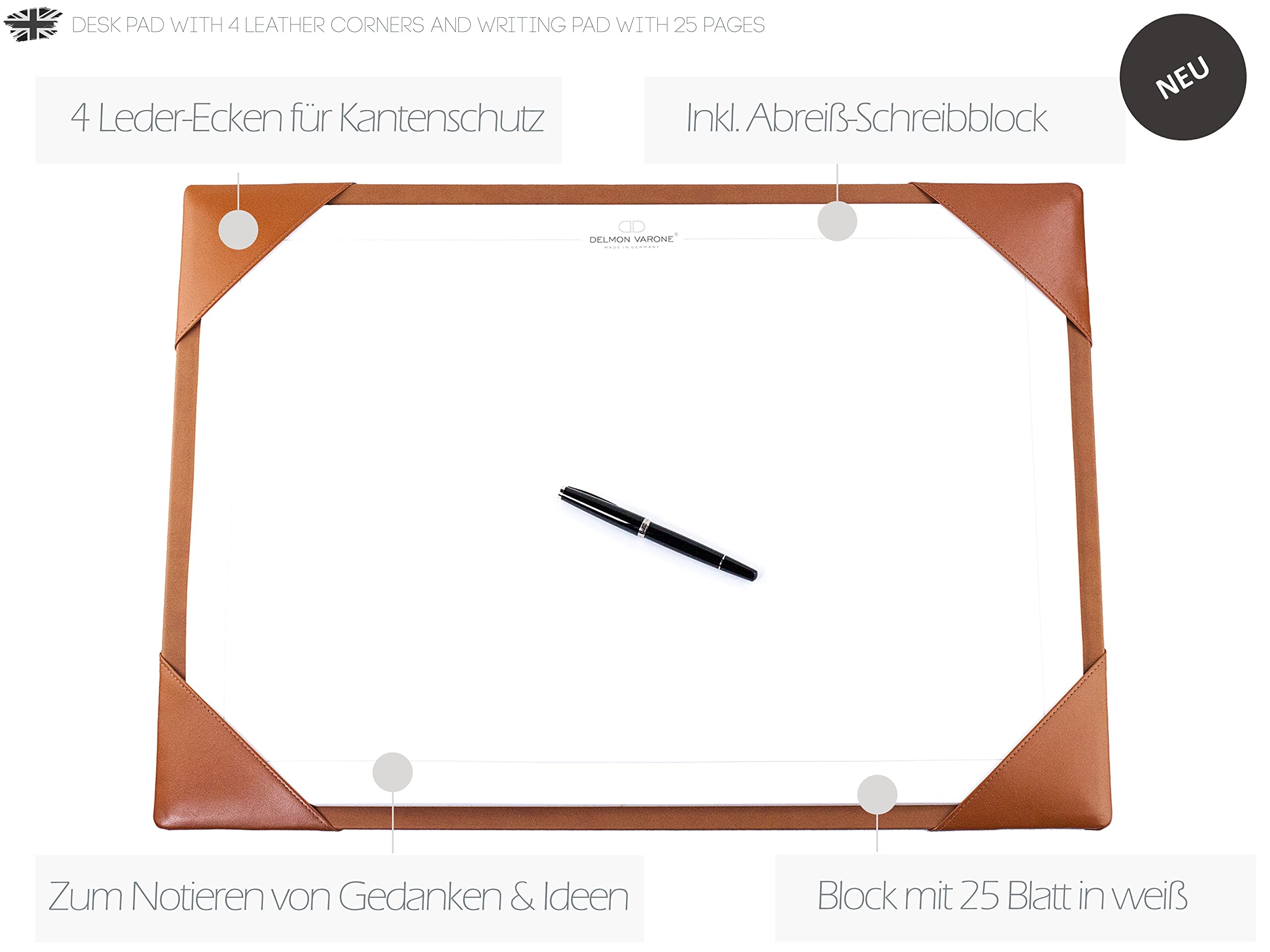 DELMON VARONE - Personalisierbare Schreibtischunterlage mit 4 Ecken aus Leder braun & DIN A2 Abreiß-Schreibblock - Rutschfeste Schreibunterlage inkl. Notizblock - Schreibtisch-Unterlage 65 x 45 cm