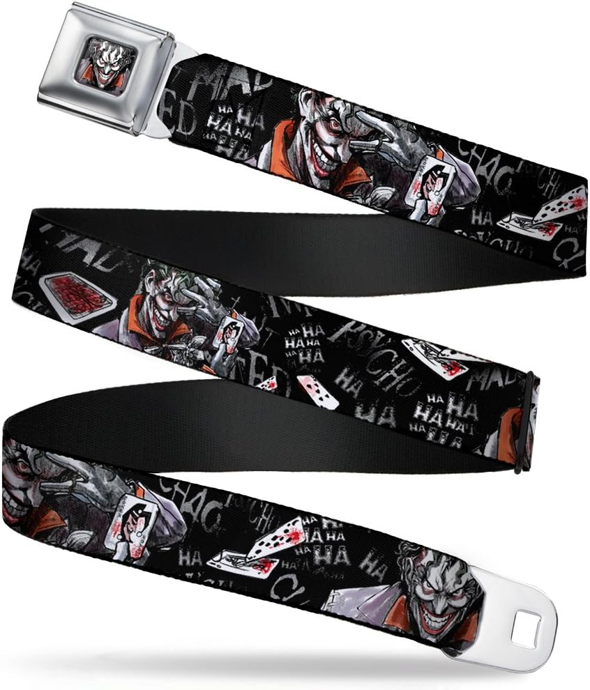 Buckle-Down Seatbelt Belt - Joker BRILLIANTLY TWISTED PSYCHO 2-Poses/Cards Black/Grays - 1.0" Wide - 20-36 Inches in Length