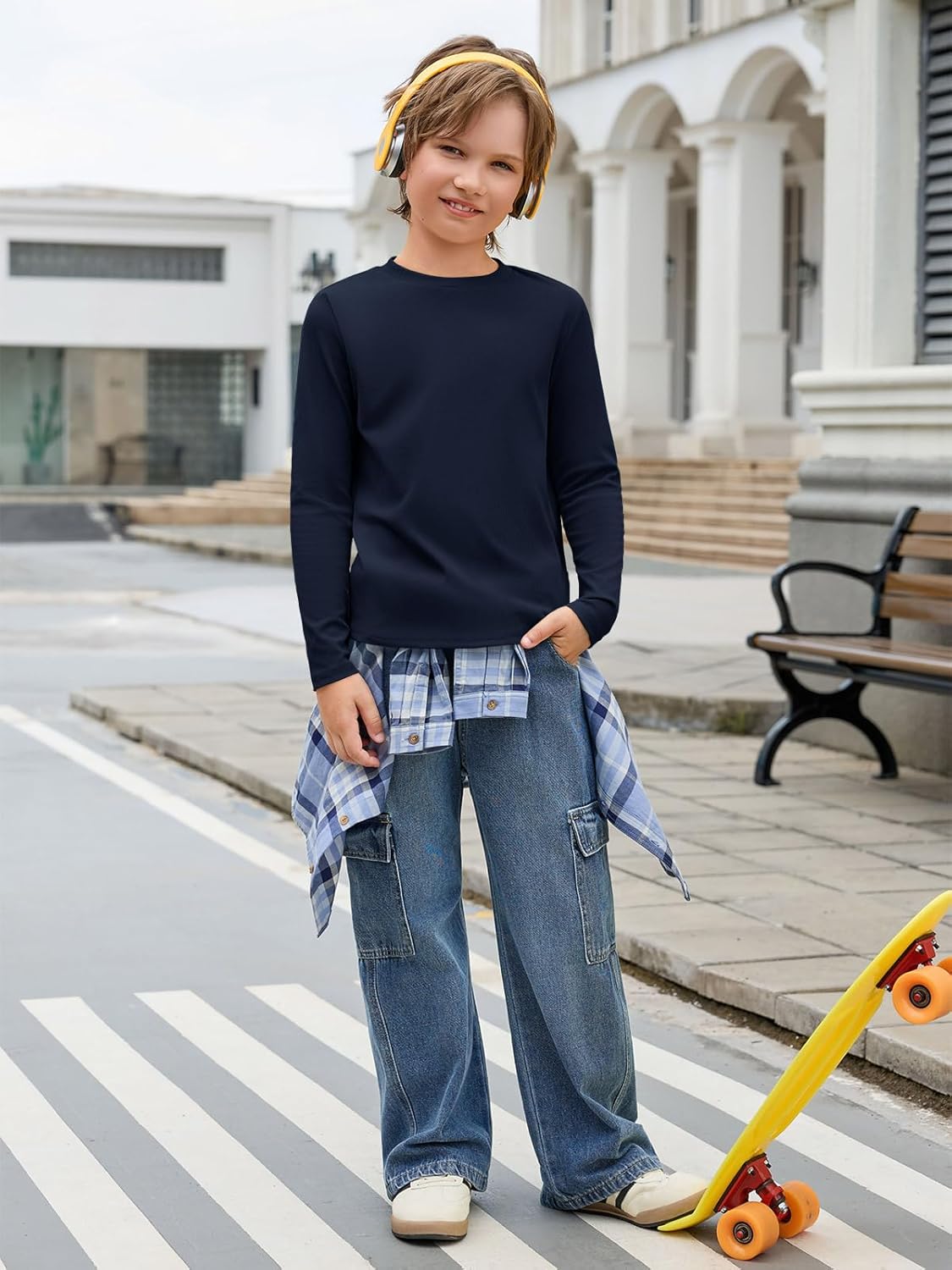 Haloumoning Boys Ribbed Long Sleeve Shirts Kids Casual Crewneck Solid Tops Tees 5-14 Years - Image 5