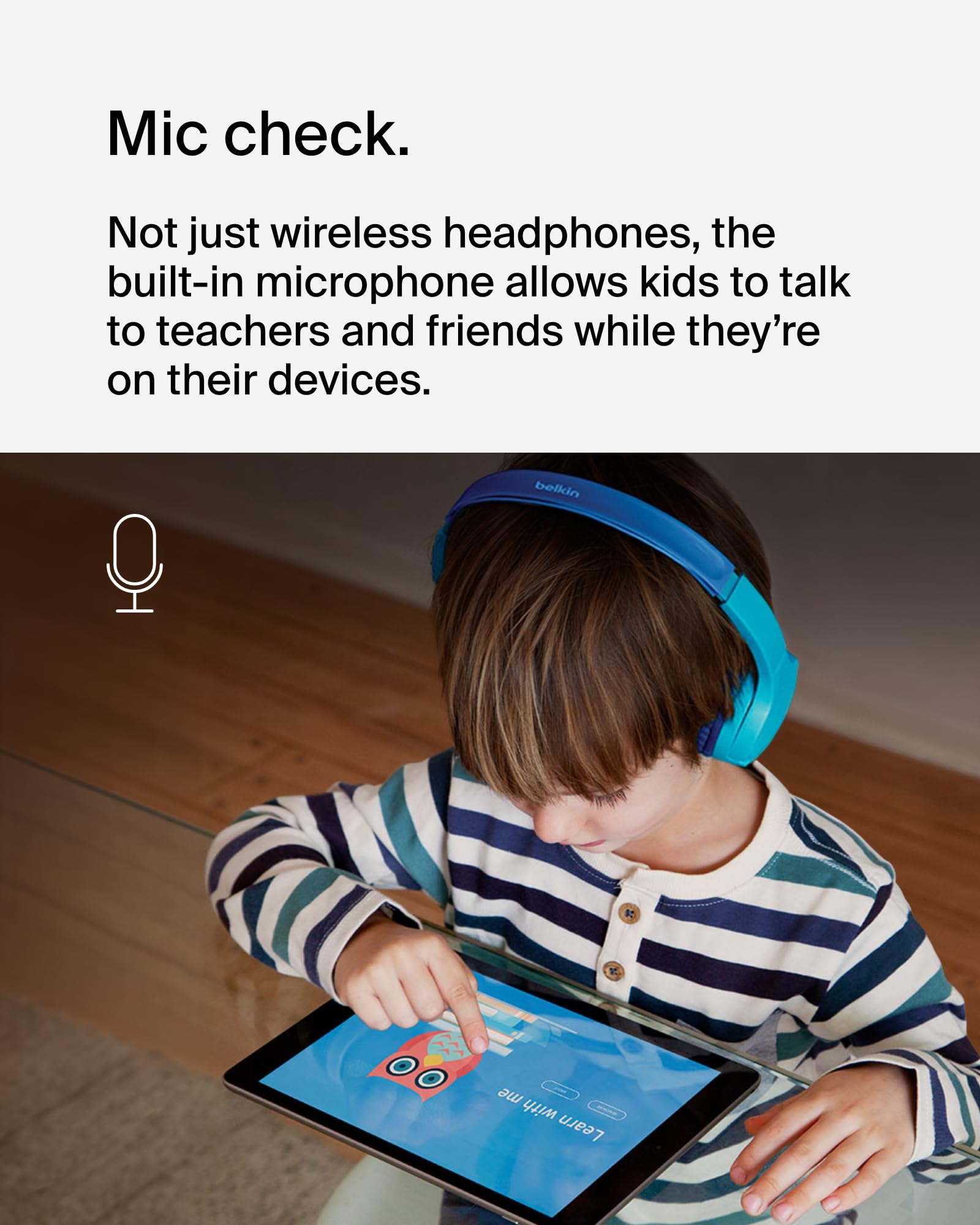 Belkin SoundForm Mini - Auriculares inalámbricos para niños con micrófono Integrado, 30 Horas de Tiempo de reproducción, calcomanías Divertidas y Funda, Auriculares sobre la Oreja para Aprendizaje en