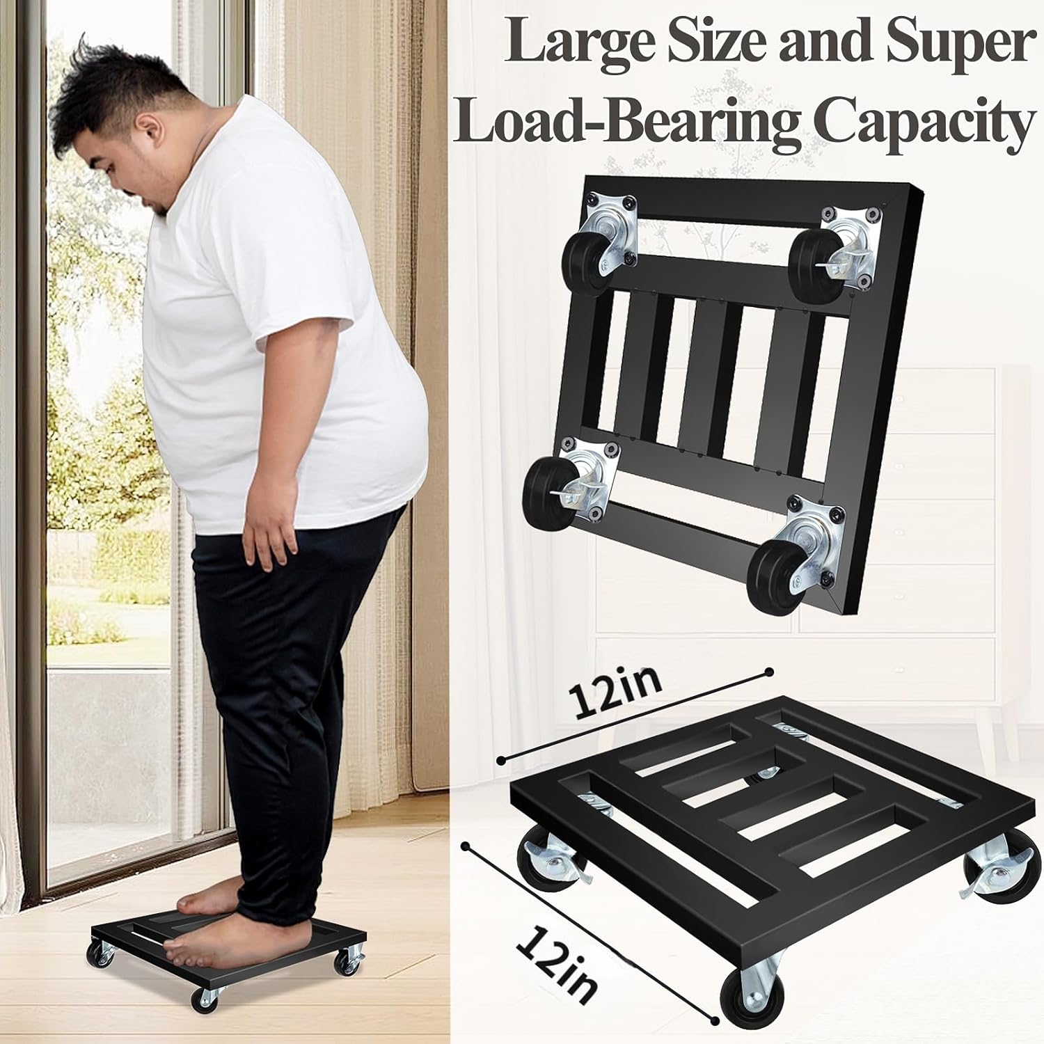 Heavy Duty Plant Caddy with Wheels, 2 Pack Metal Rolling Plant Stand Indoor Outdoor, 12'' Square Plant Dolly with Lockable Caster Wheels Holds up 400 Lbs Planter, Black