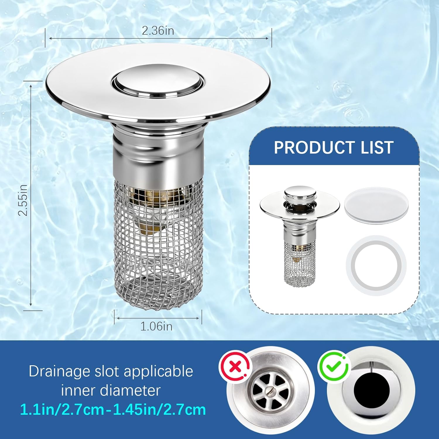 Sink Drain Strainer Hair Catcher,Press-Type Detachable Drain Hair Catcher,Comes with a Corrosion-Resistant Filter Element,Bathroom Kitchen Sink Stopper - Image 2