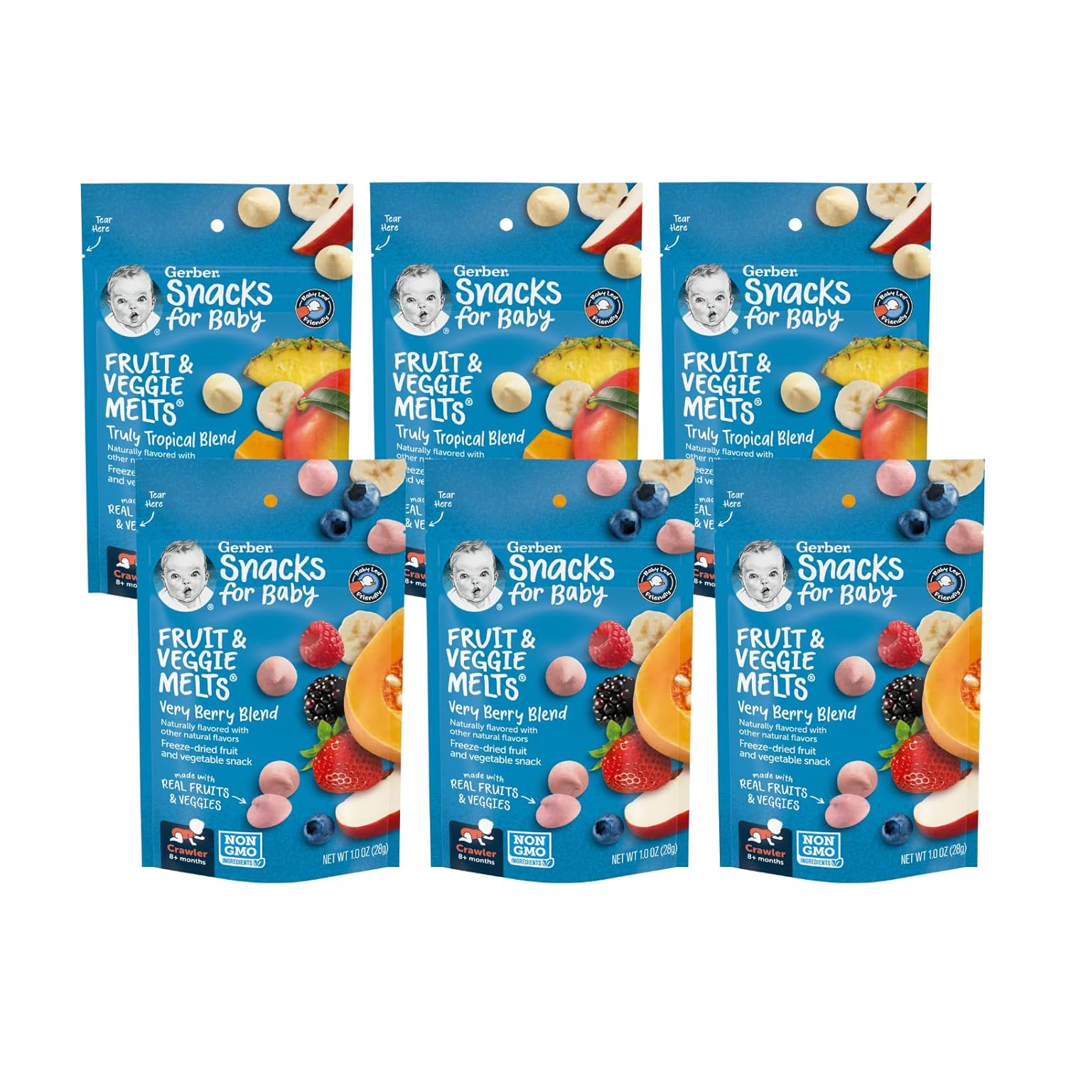 Gerber Graduates Fruit & Veggie Melts Snack Variety Pack, 3 Very Berry Blend and 3 Truly tropical Blend (Pack of 6)