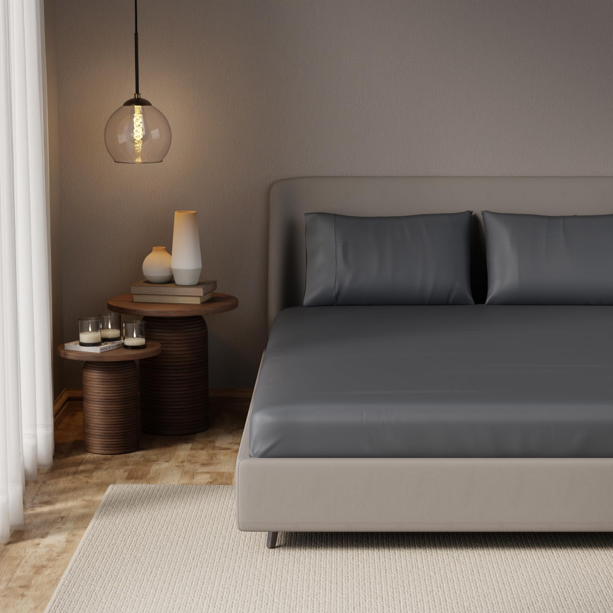 Stoa Paris Satin Queen Size Sheet Set, Silky Bedsheet, Deep Pocket Fitted Sheet, Pillowcase, Breathable, Ultra Soft, Cooling, Shrink & Fade Resistant Luxury Bedding, Date Night Collection - Grey