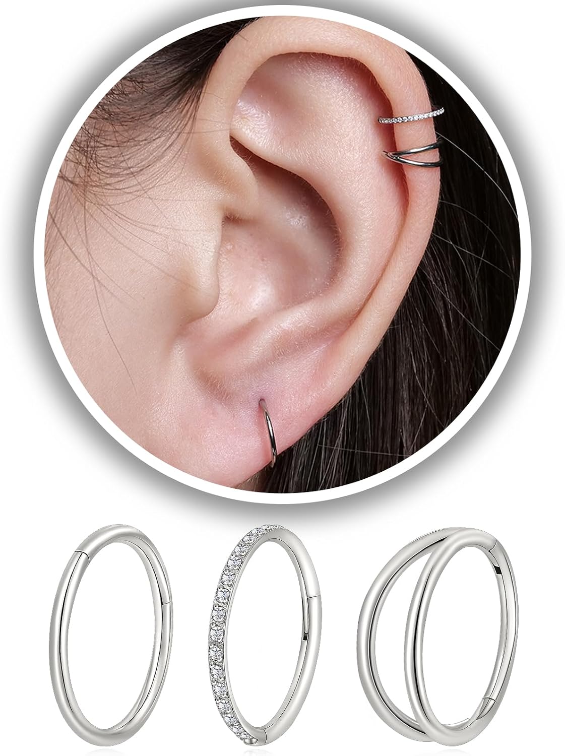 limerencia 3PCS Titanium Earrings Nose Rings, G23 Titanium Small Hoops Septum Clicker Rings, 16G/18G/20G Helix Lip Cartilage Helix Rook Daith Lobe Conch Tragus Piercing for Women Men